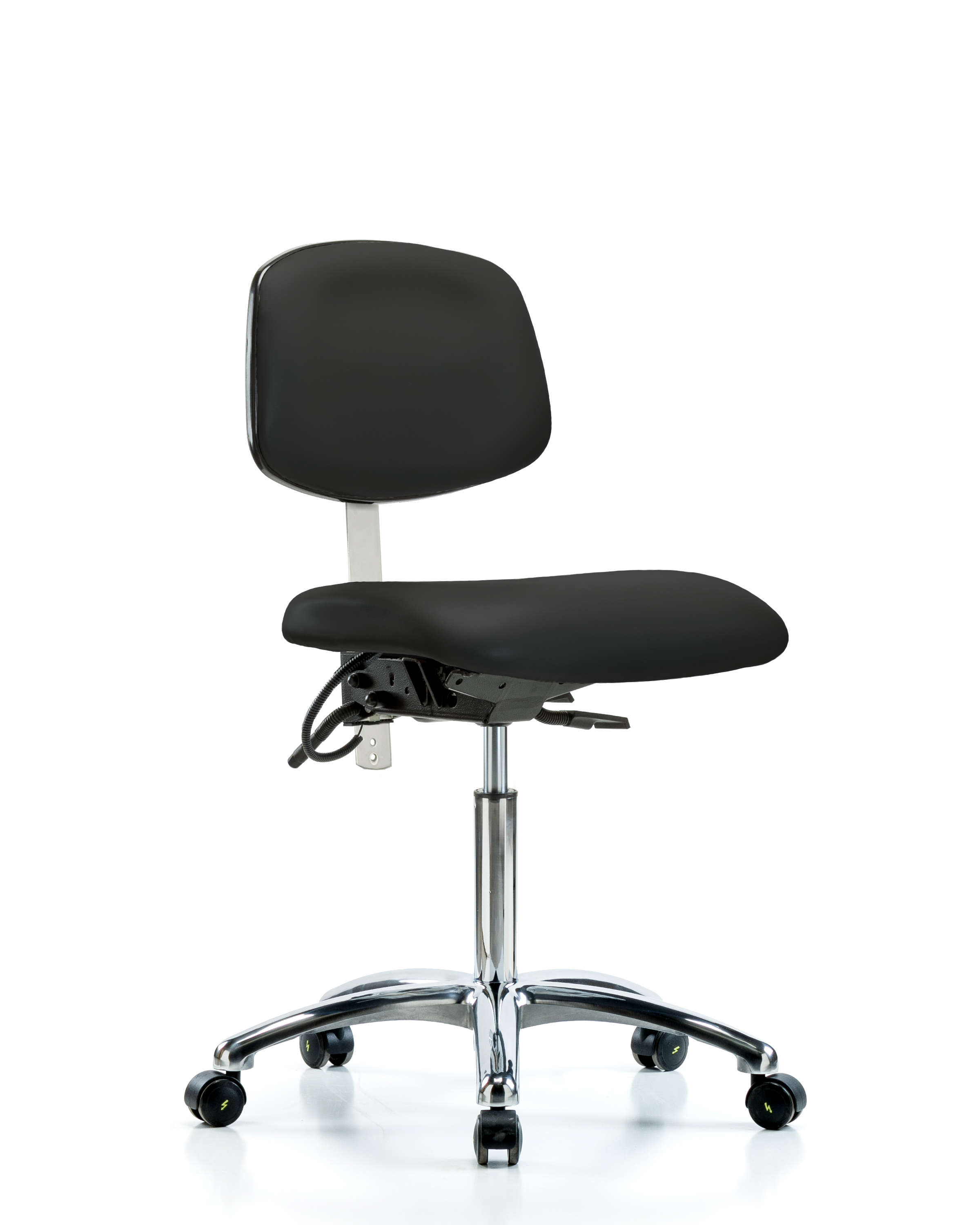 Class 100 Vinyl Clean Room/ESD Chair - Medium Bench Height with Seat Tilt & ESD Casters in Black ESD Vinyl
