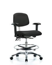 Class 100 Vinyl Clean Room/ESD Chair - Medium Bench Height with Seat Tilt, Adjustable Arms, Chrome Foot Ring, & ESD Casters in Black ESD Vinyl