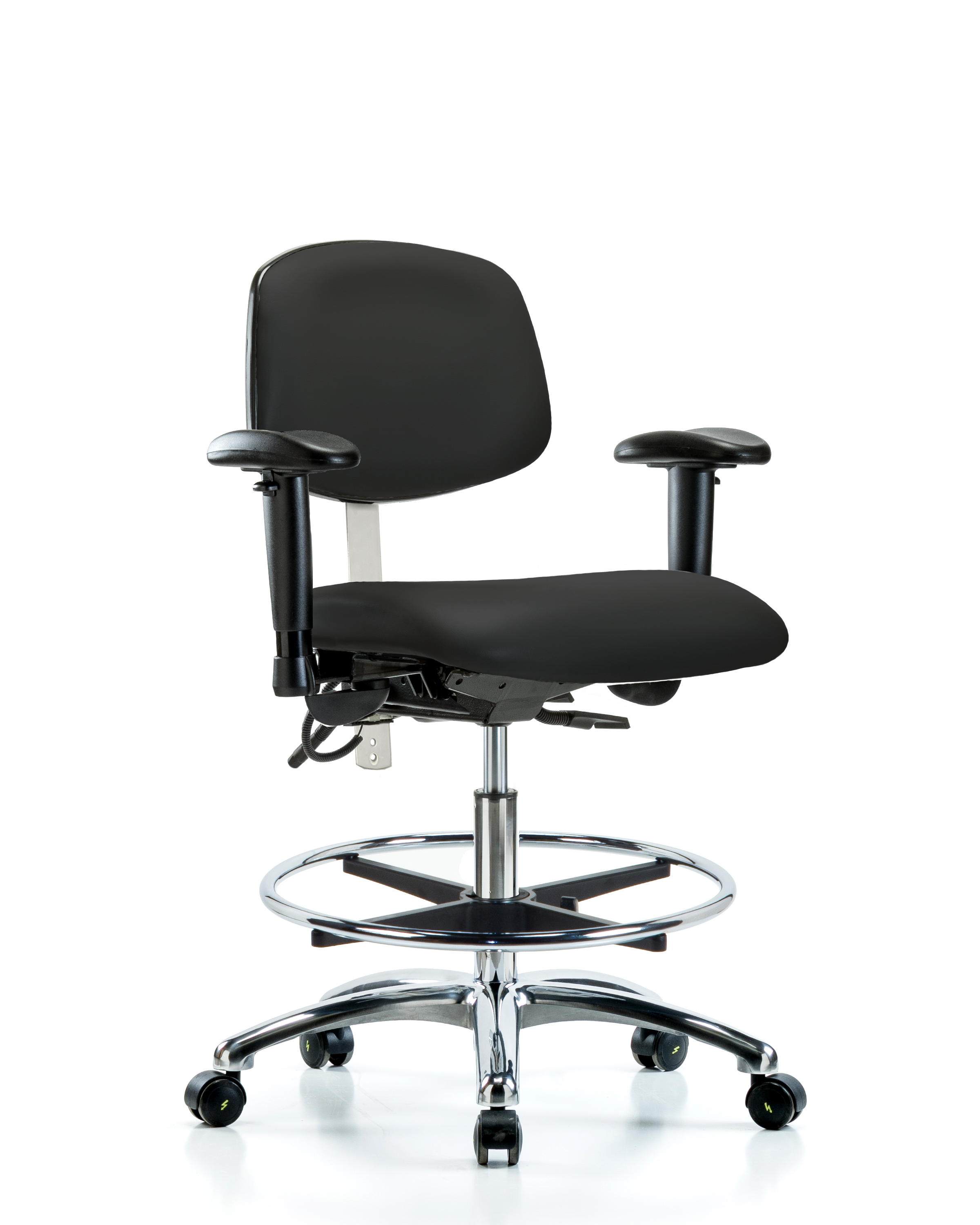 Class 100 Vinyl Clean Room/ESD Chair - Medium Bench Height with Seat Tilt, Adjustable Arms, Chrome Foot Ring, & ESD Casters in Black ESD Vinyl