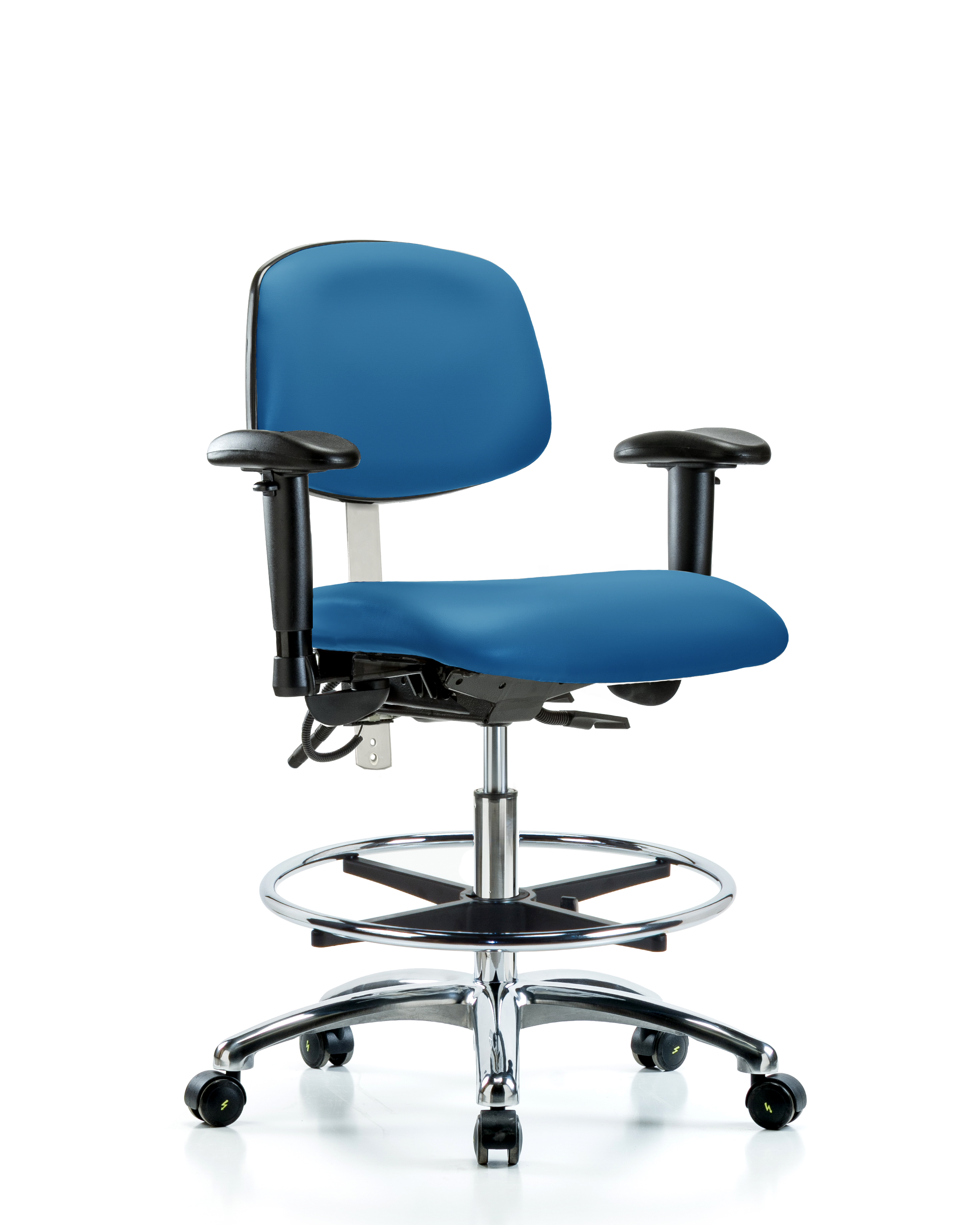 Class 100 Vinyl Clean Room/ESD Chair - Medium Bench Height with Seat Tilt, Adjustable Arms, Chrome Foot Ring, & ESD Casters in Black ESD Vinyl