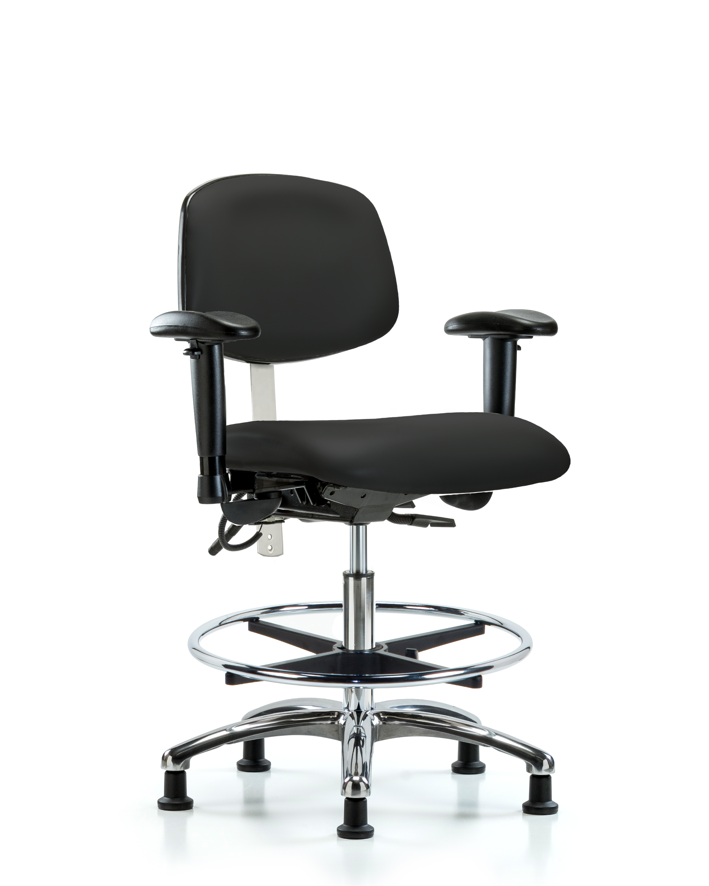 Class 100 Vinyl Clean Room/ESD Chair - Medium Bench Height with Seat Tilt, Adjustable Arms, Chrome Foot Ring, & ESD Stationary Glides in Black ESD Vinyl