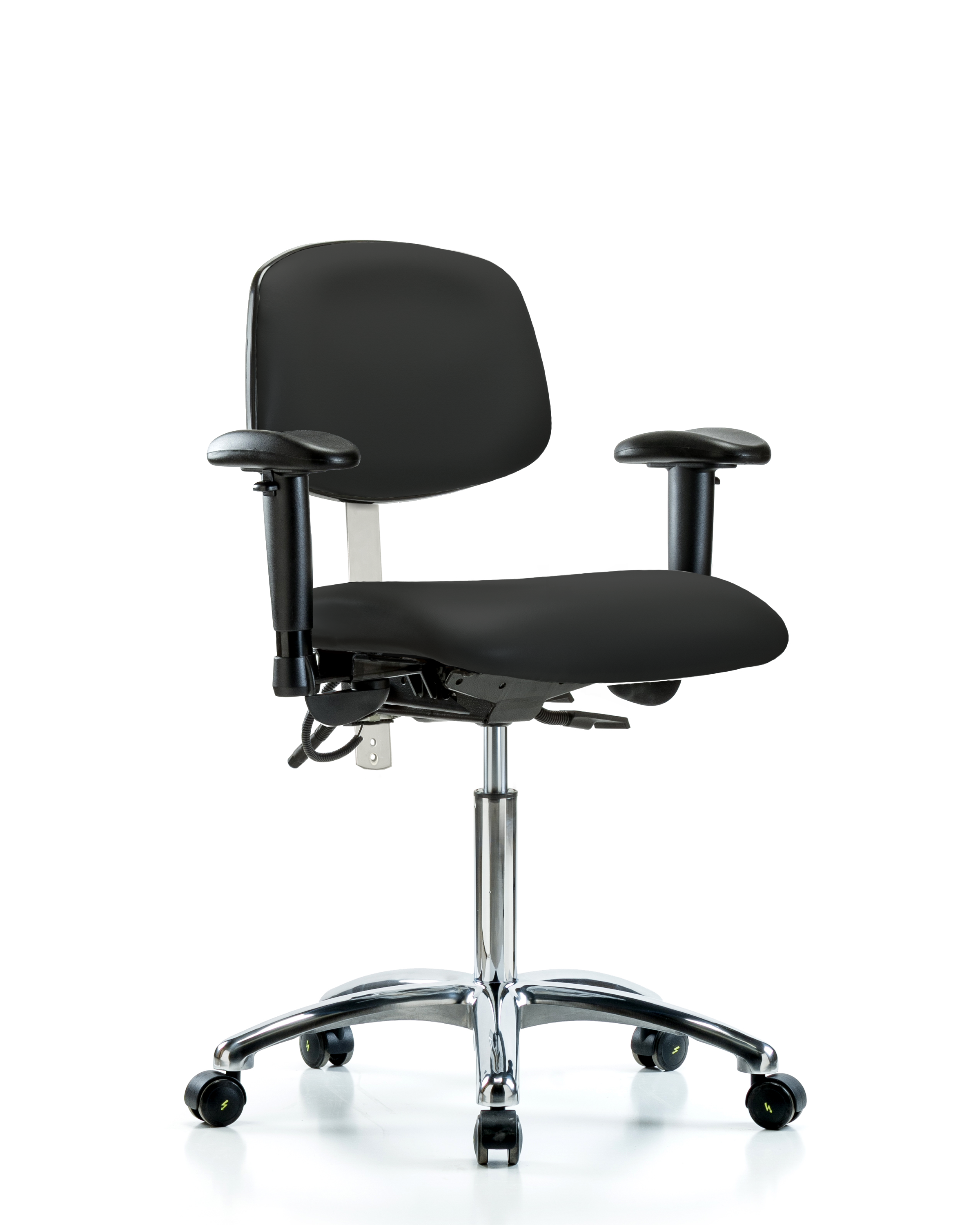Class 100 Vinyl Clean Room/ESD Chair - Medium Bench Height with Seat Tilt, Adjustable Arms, & ESD Casters in Blue ESD Vinyl
