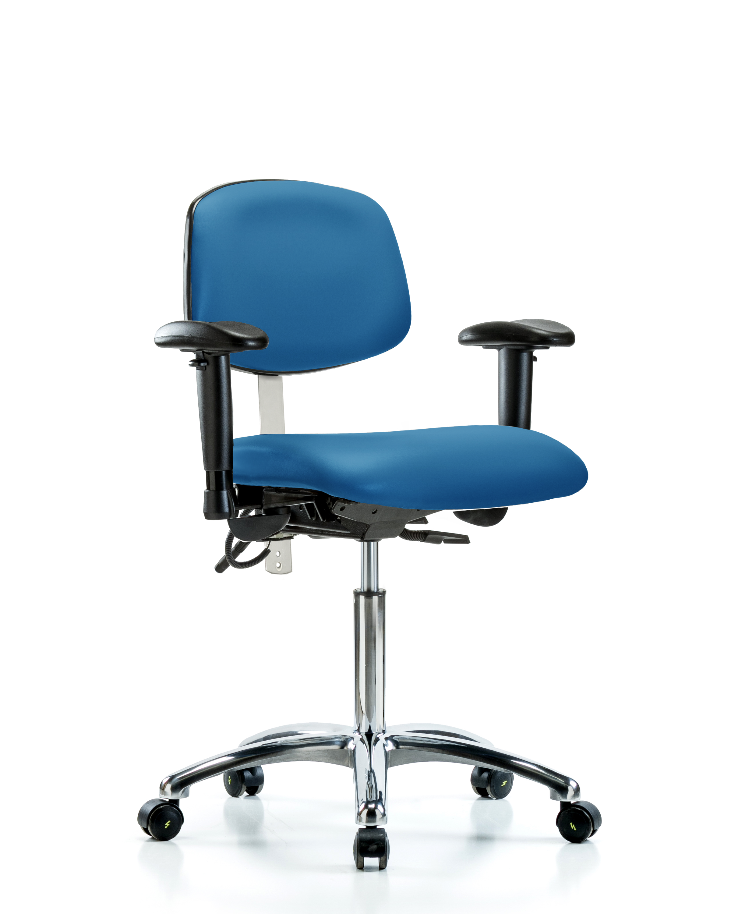 Class 100 Vinyl Clean Room/ESD Chair - Medium Bench Height with Seat Tilt, Adjustable Arms, & ESD Casters in Blue ESD Vinyl