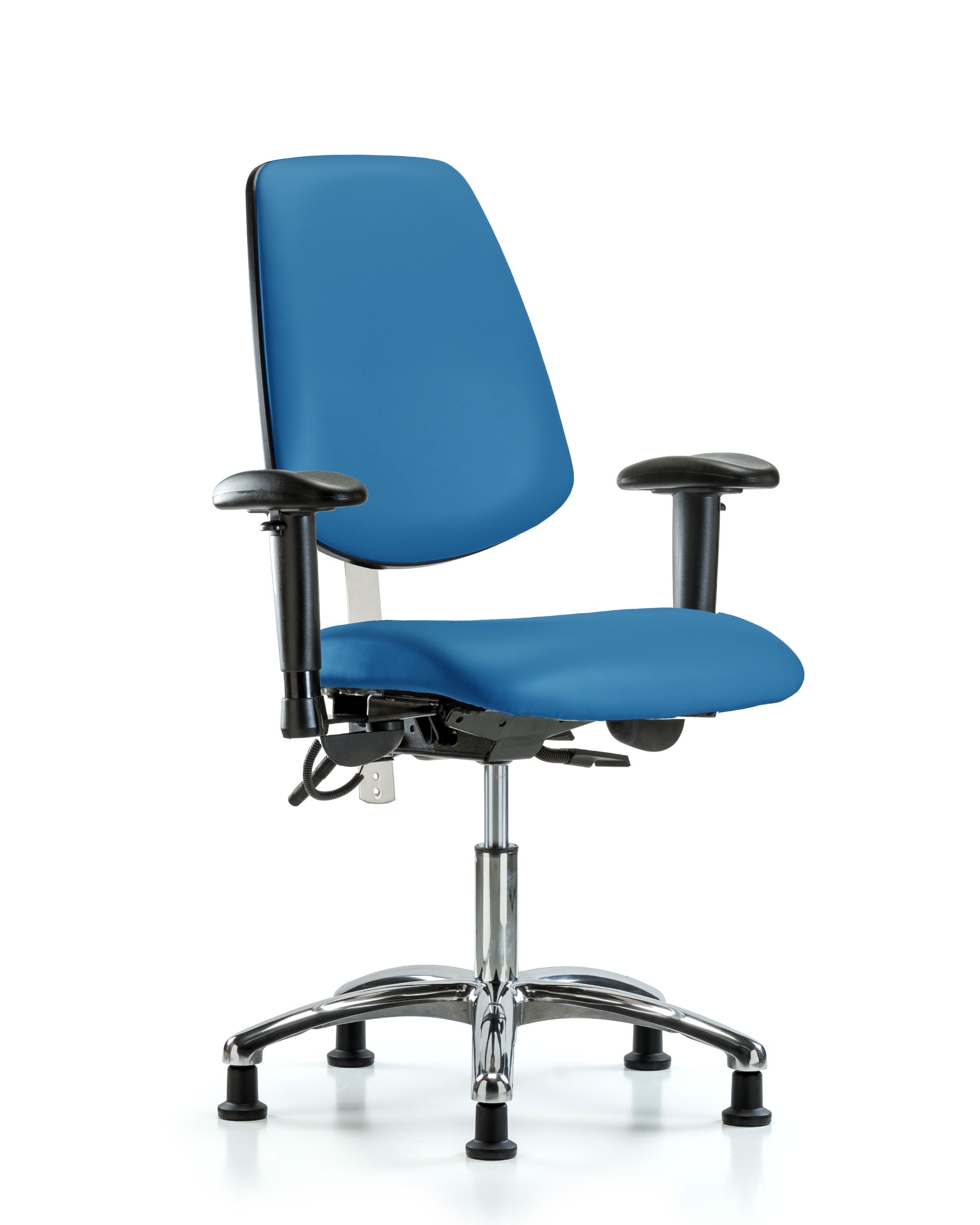 Class 100 Vinyl Clean Room/ESD Chair - Desk Height with Medium Back, Adjustable Arms, & ESD Stationary Glides in Blue ESD Vinyl