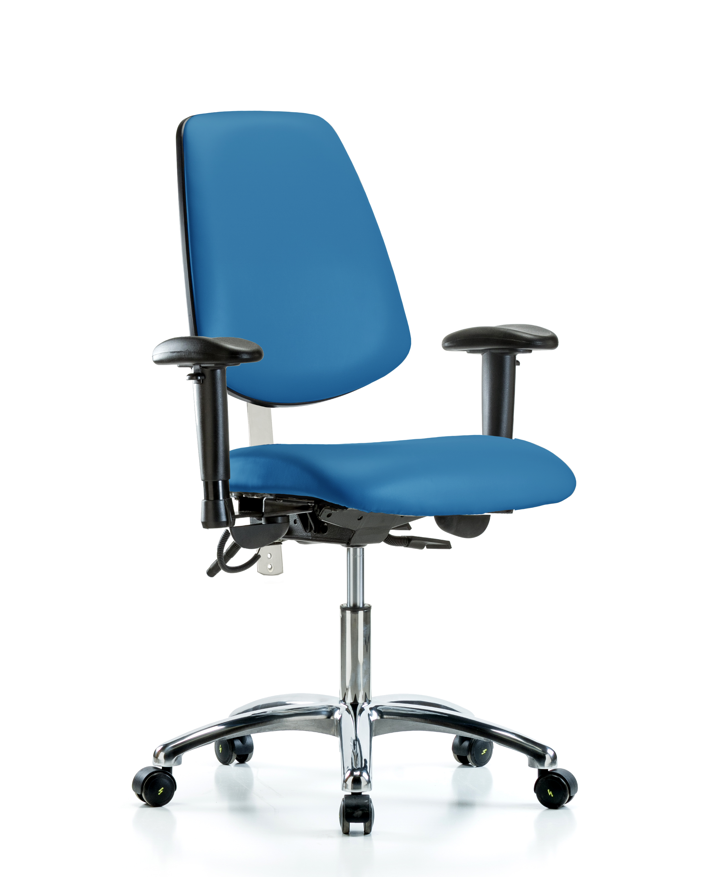 Class 100 Vinyl Clean Room/ESD Chair - Desk Height with Medium Back, Seat Tilt, Adjustable Arms, & ESD Casters in Black ESD Vinyl