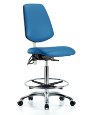 Class 100 Vinyl Clean Room/ESD Chair - High Bench Height with Medium Back, Chrome Foot Ring, & ESD Casters in Blue ESD Vinyl