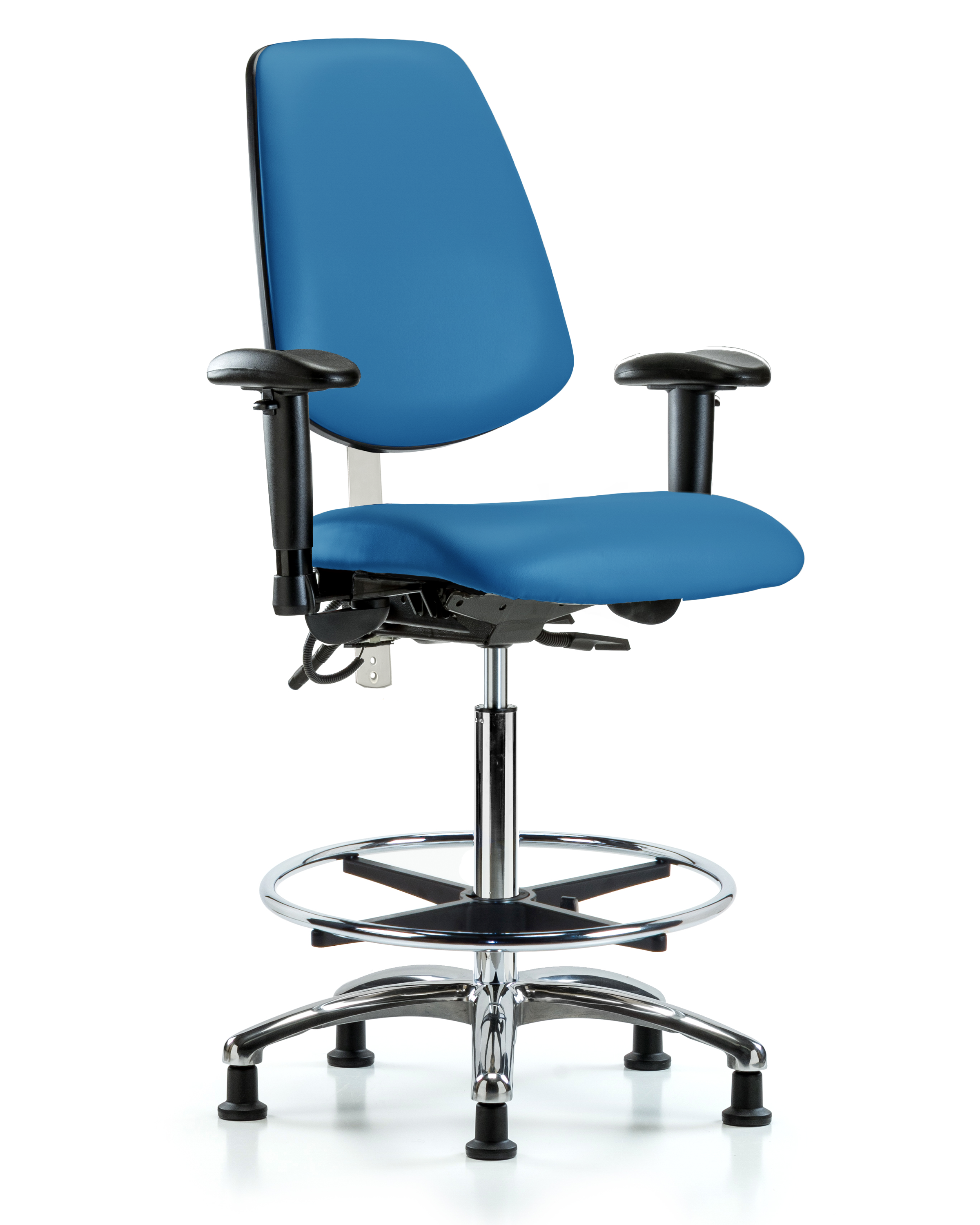 Class 100 Vinyl Clean Room/ESD Chair - High Bench Height with Medium Back, Adjustable Arms, Chrome Foot Ring, & ESD Stationary Glides in Black ESD Vinyl