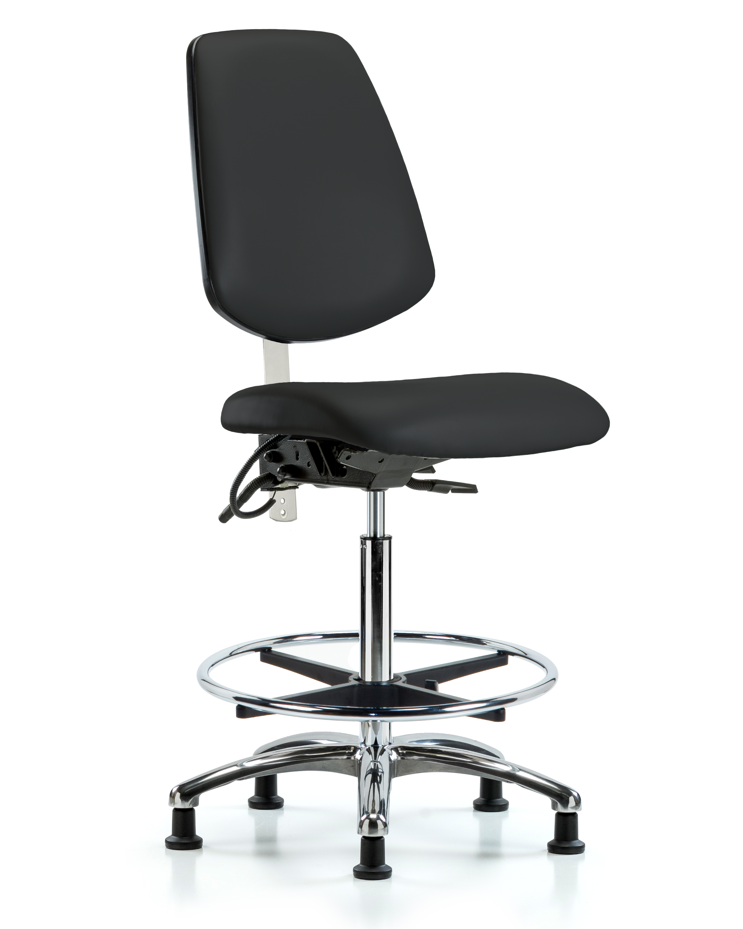 Class 100 Vinyl Clean Room/ESD Chair - High Bench Height with Medium Back, Seat Tilt, Chrome Foot Ring, & ESD Stationary Glides in Blue ESD Vinyl