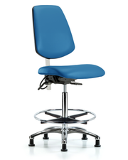 Class 100 Vinyl Clean Room/ESD Chair - High Bench Height with Medium Back, Seat Tilt, Chrome Foot Ring, & ESD Stationary Glides in Blue ESD Vinyl