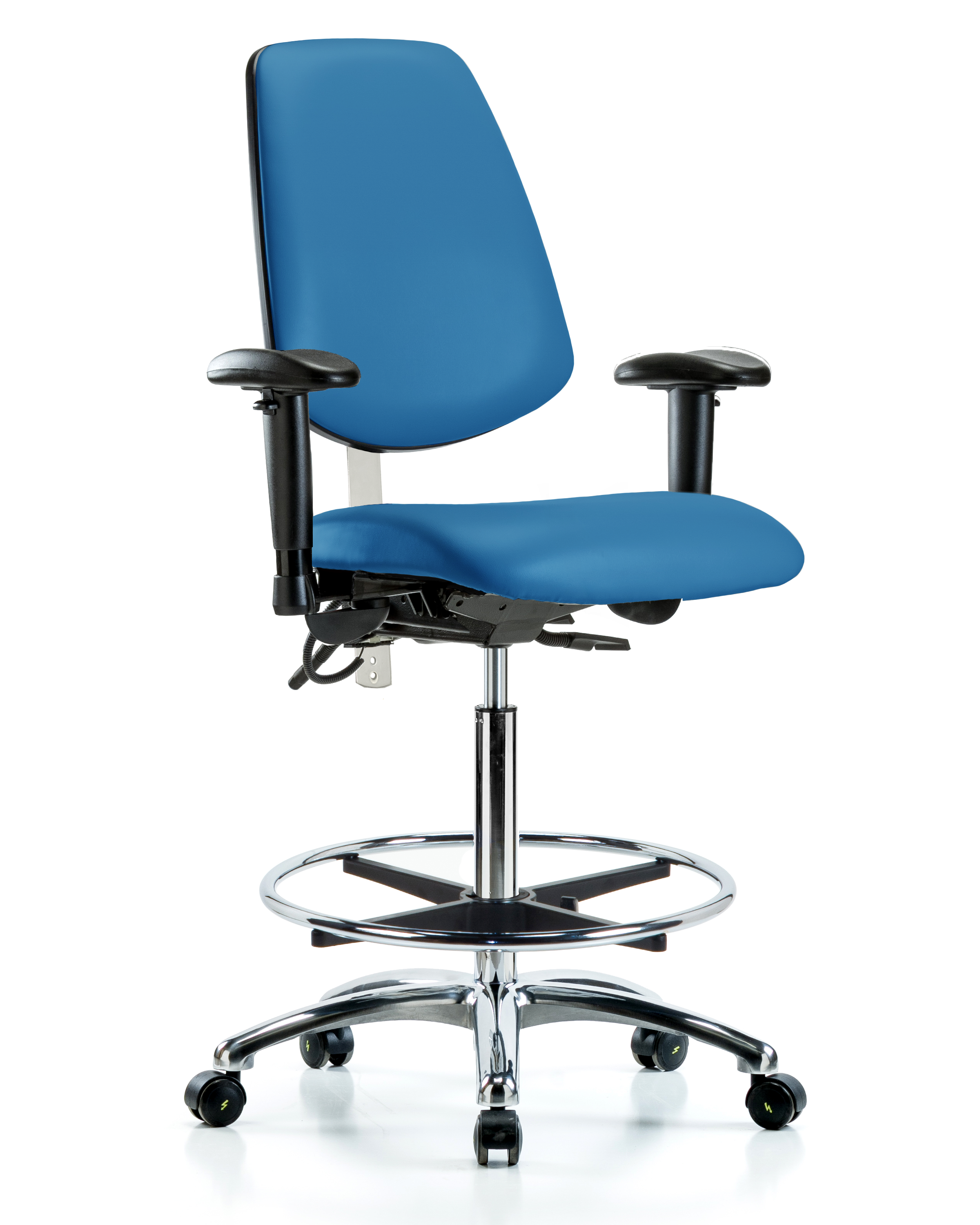 Class 100 Vinyl Clean Room/ESD Chair - High Bench Height with Medium Back, Seat Tilt, Adjustable Arms, Chrome Foot Ring, & ESD Casters in Black ESD Vinyl