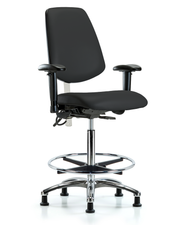 CL100 Vinyl Clean Room/ESD Chair - High Bench Height with Medium Back, Seat Tilt, Adjustable Arms, Chrome Foot Ring, & ESD Stationary Glides in Black ESD Vinyl