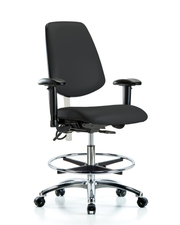 Class 100 Vinyl Clean Room/ESD Chair - Medium Bench Height with Medium Back, Adjustable Arms, Chrome Foot Ring, & ESD Casters in Black ESD Vinyl