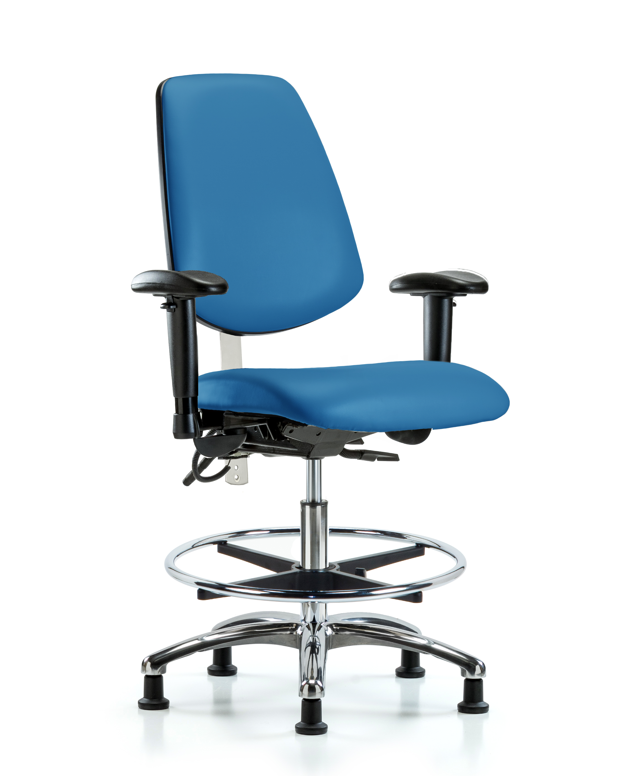 Class 100 Vinyl Clean Room/ESD Chair - Medium Bench Height with Medium Back, Adjustable Arms, Chrome Foot Ring, & ESD Stationary Glides in Black ESD Vinyl