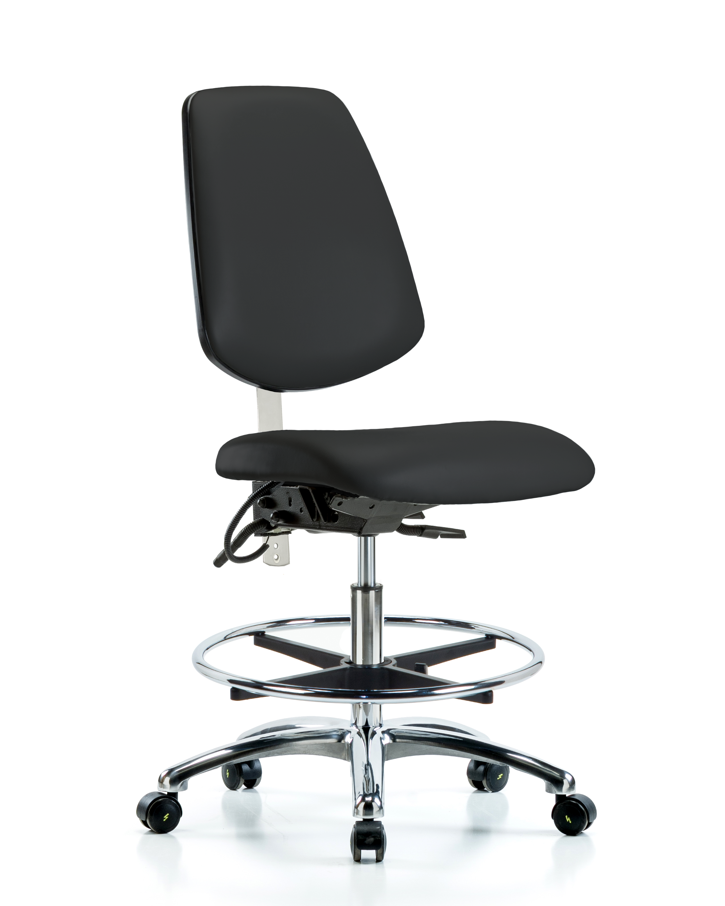 Class 100 Vinyl Clean Room/ESD Chair - Medium Bench Height with Medium Back, Seat Tilt, Chrome Foot Ring, & ESD Casters in Black ESD Vinyl