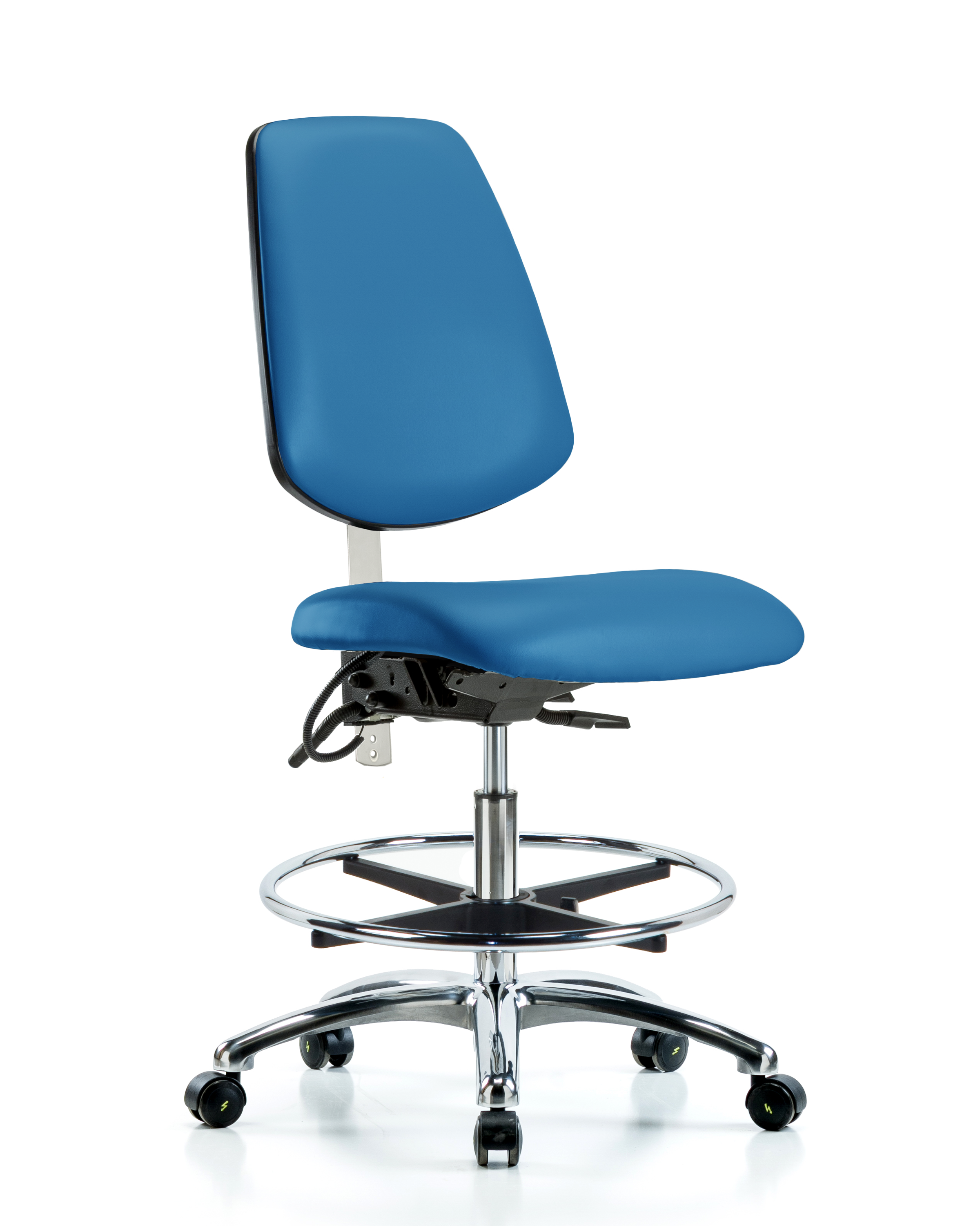 Class 100 Vinyl Clean Room/ESD Chair - Medium Bench Height with Medium Back, Seat Tilt, Chrome Foot Ring, & ESD Casters in Black ESD Vinyl
