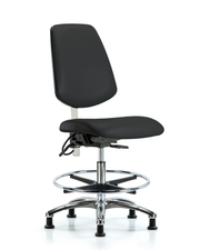 Class 100 Vinyl Clean Room/ESD Chair - Medium Bench Height with Medium Back, Seat Tilt, Chrome Foot Ring, & ESD Stationary Glides in Black ESD Vinyl