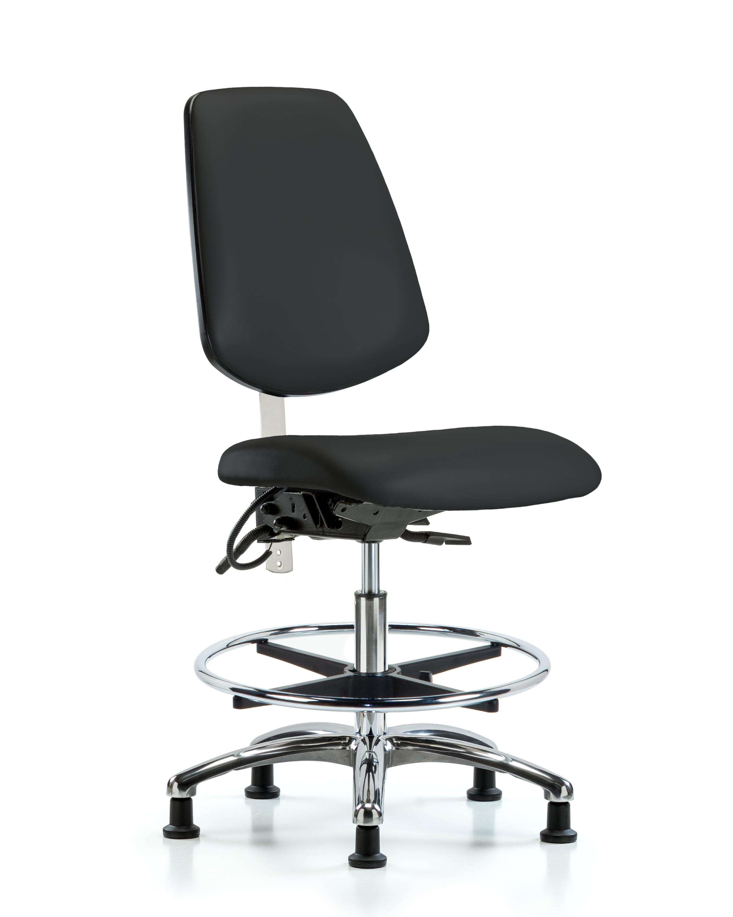 Class 100 Vinyl Clean Room/ESD Chair - Medium Bench Height with Medium Back, Seat Tilt, Chrome Foot Ring, & ESD Stationary Glides in Black ESD Vinyl