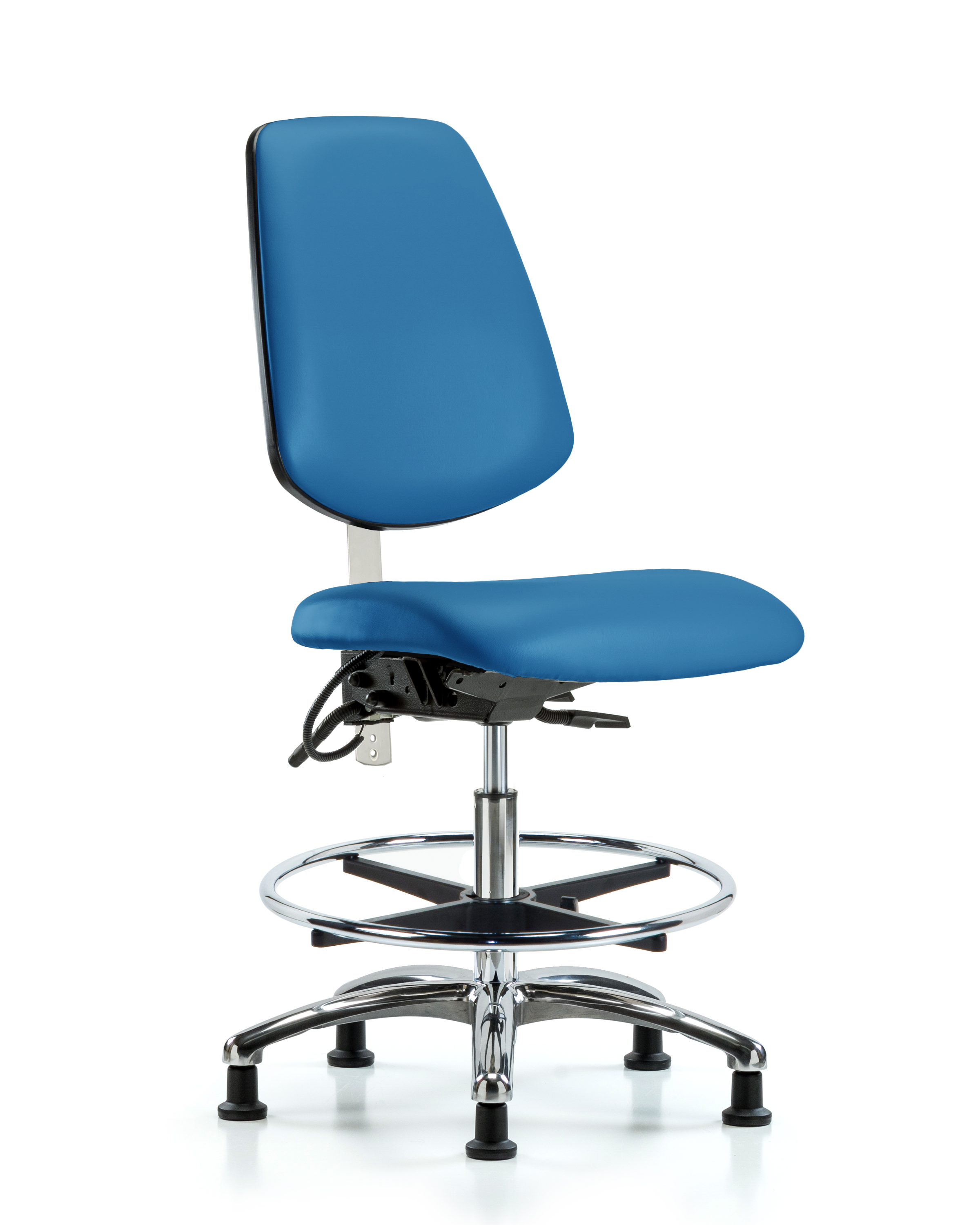 Class 100 Vinyl Clean Room/ESD Chair - Medium Bench Height with Medium Back, Seat Tilt, Chrome Foot Ring, & ESD Stationary Glides in Black ESD Vinyl