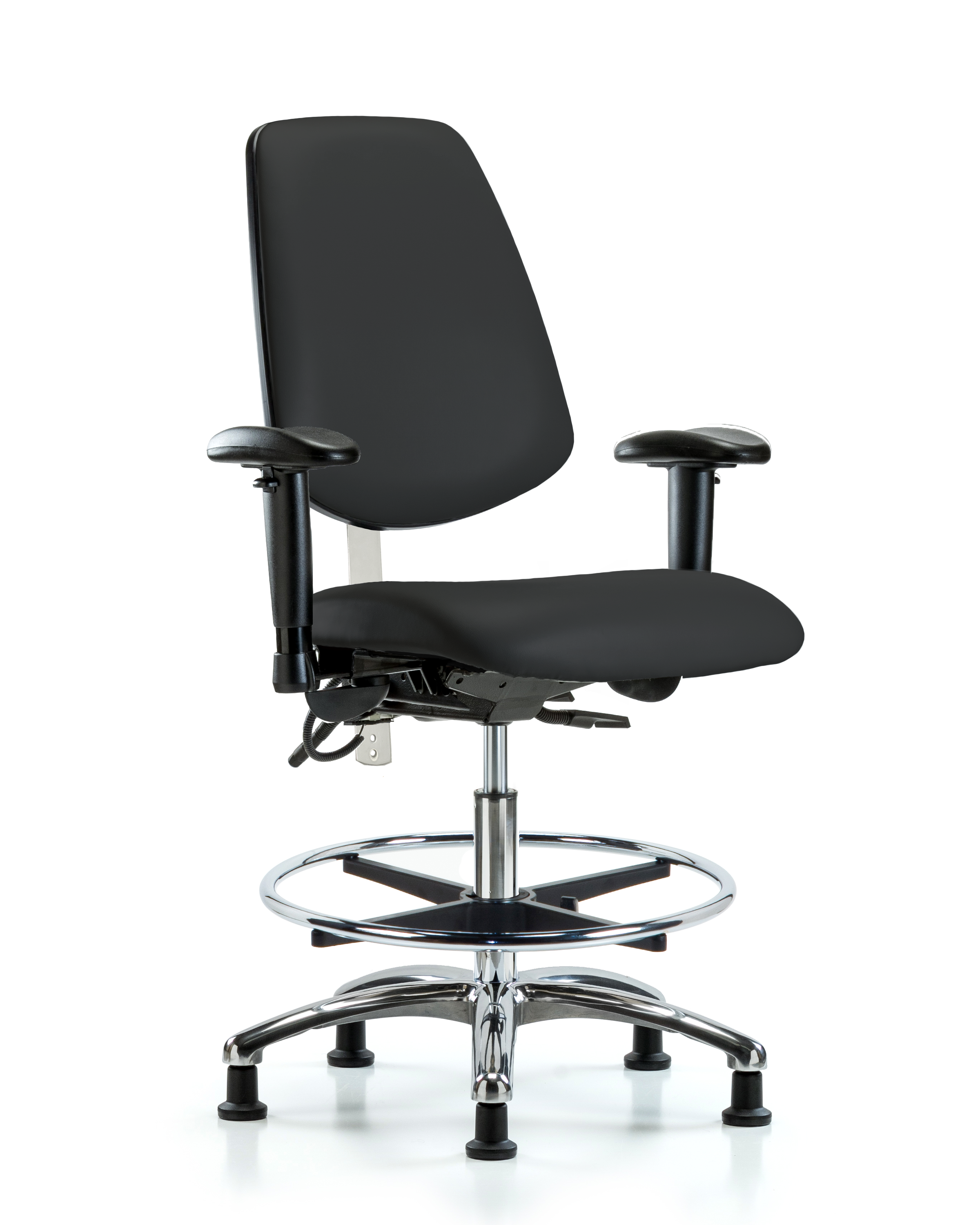 CL100 Vinyl Clean Room/ESD Chair - Medium Bench Height with Medium Back, Seat Tilt, Adj Arms, Chrome Foot Ring, & ESD Stationary Glides in Black ESD Vinyl