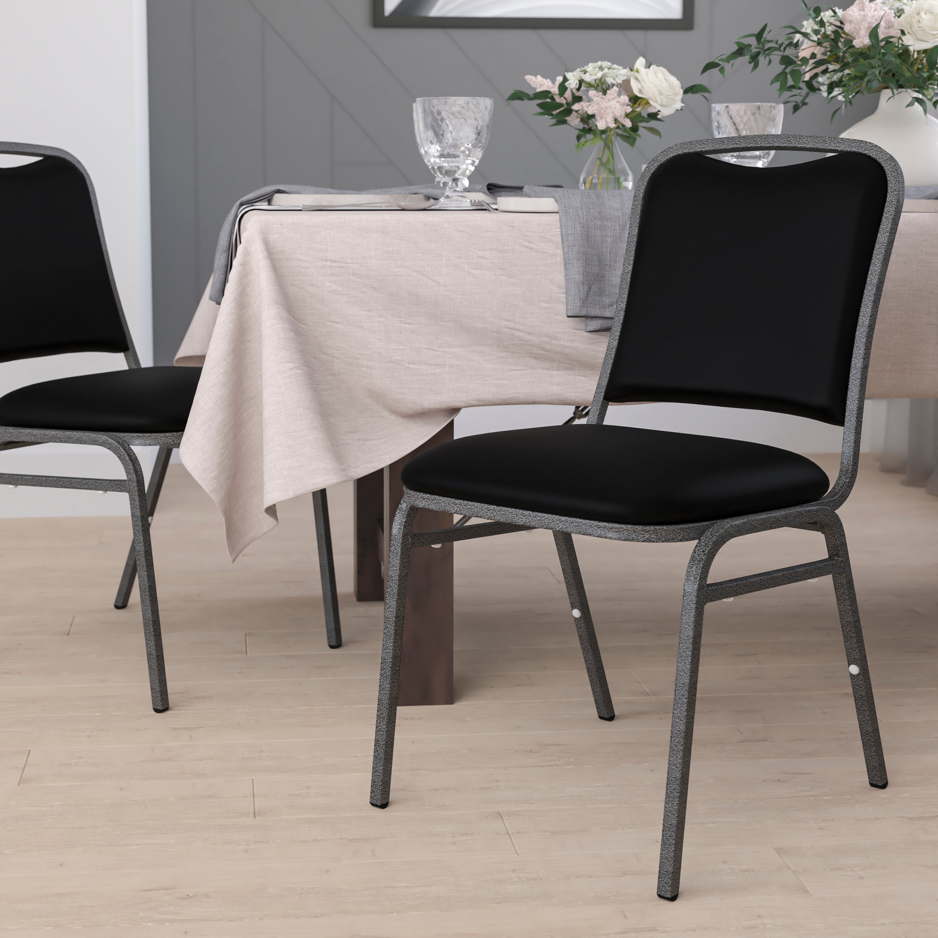 HERCULES Series Stacking Banquet Chair in Black Vinyl - Silver Vein Frame