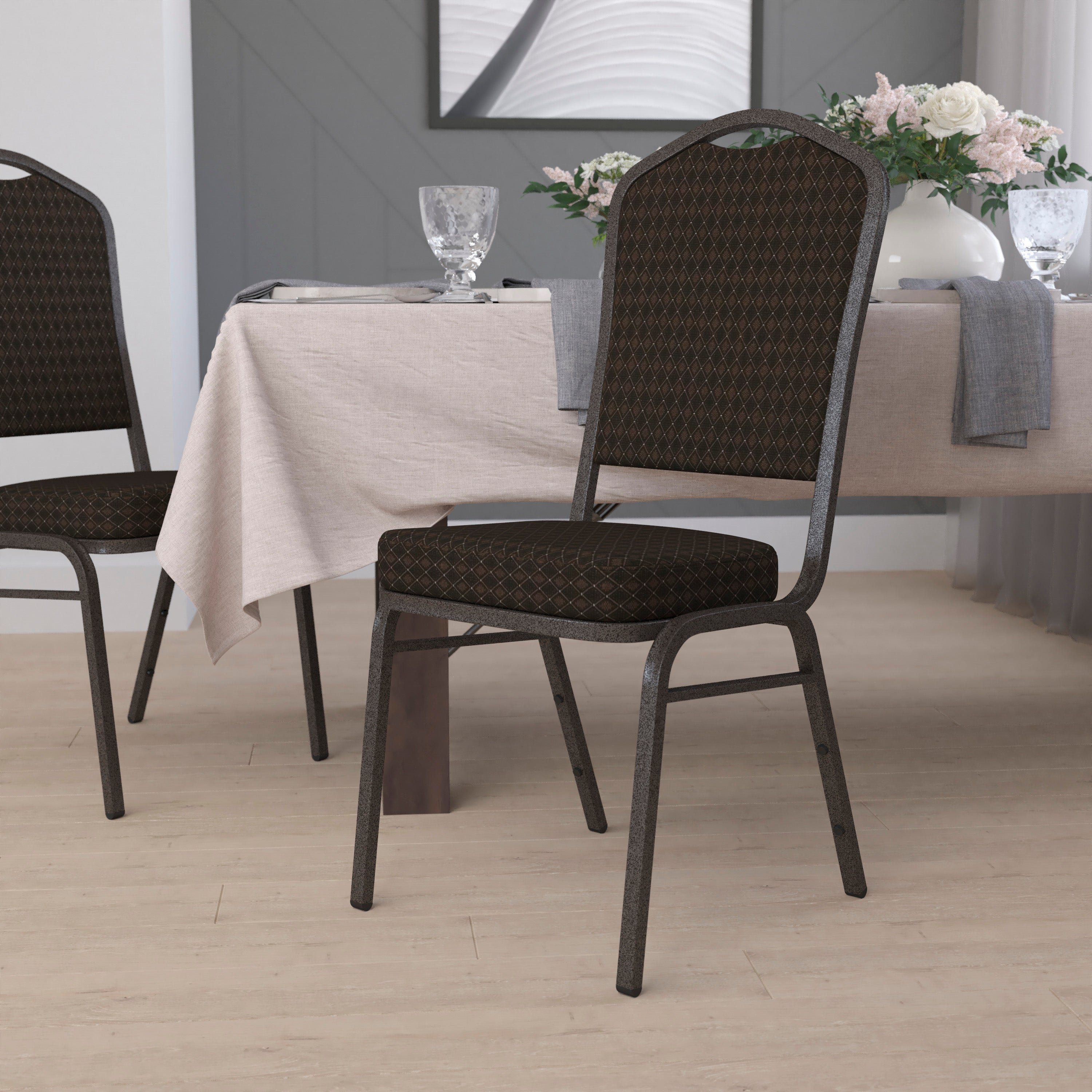 HERCULES Series Crown Back Stacking Banquet Chair in Brown Patterned Fabric - Gold Vein Frame