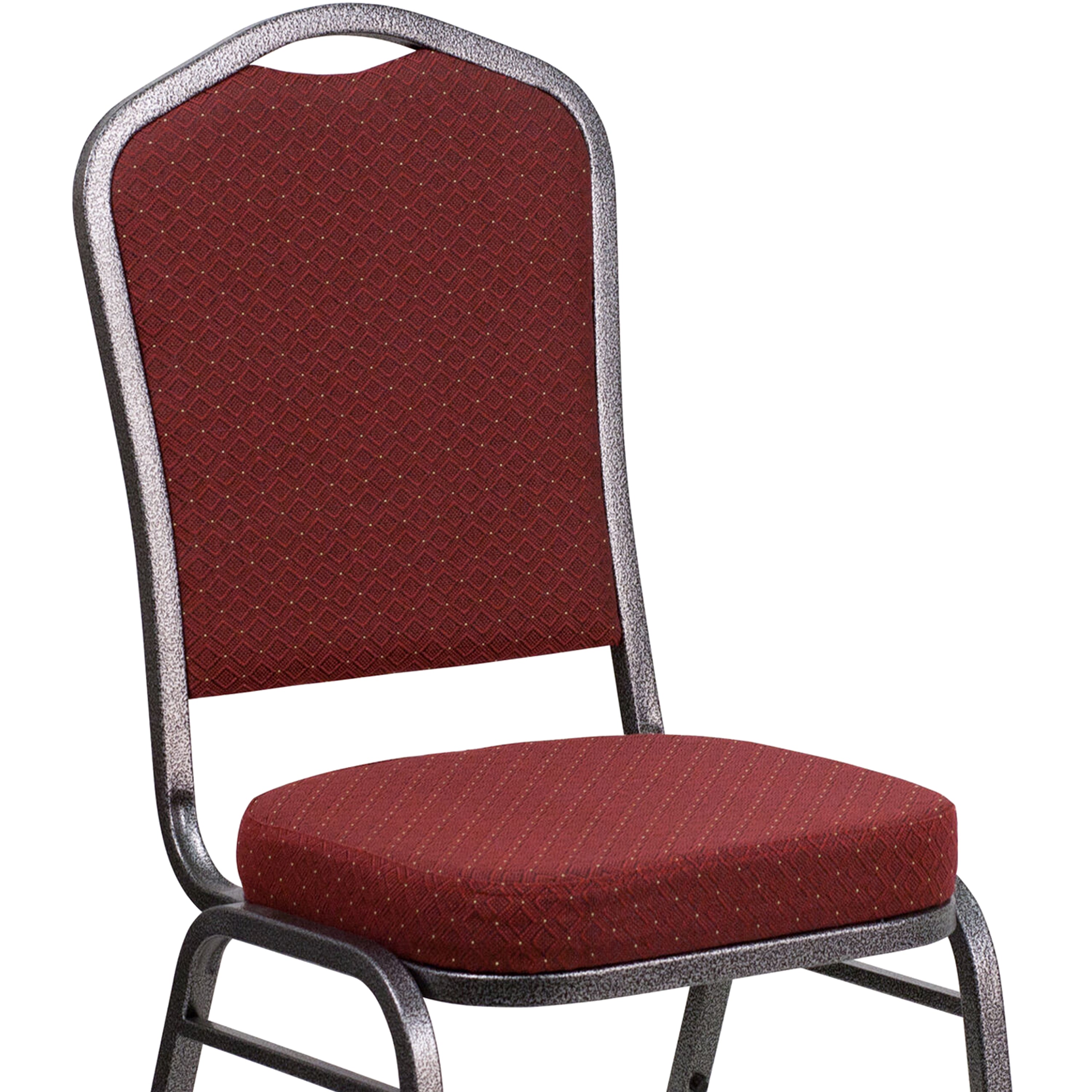 HERCULES Series Crown Back Stacking Banquet Chair in Burgundy Patterned Fabric - Silver Vein Frame