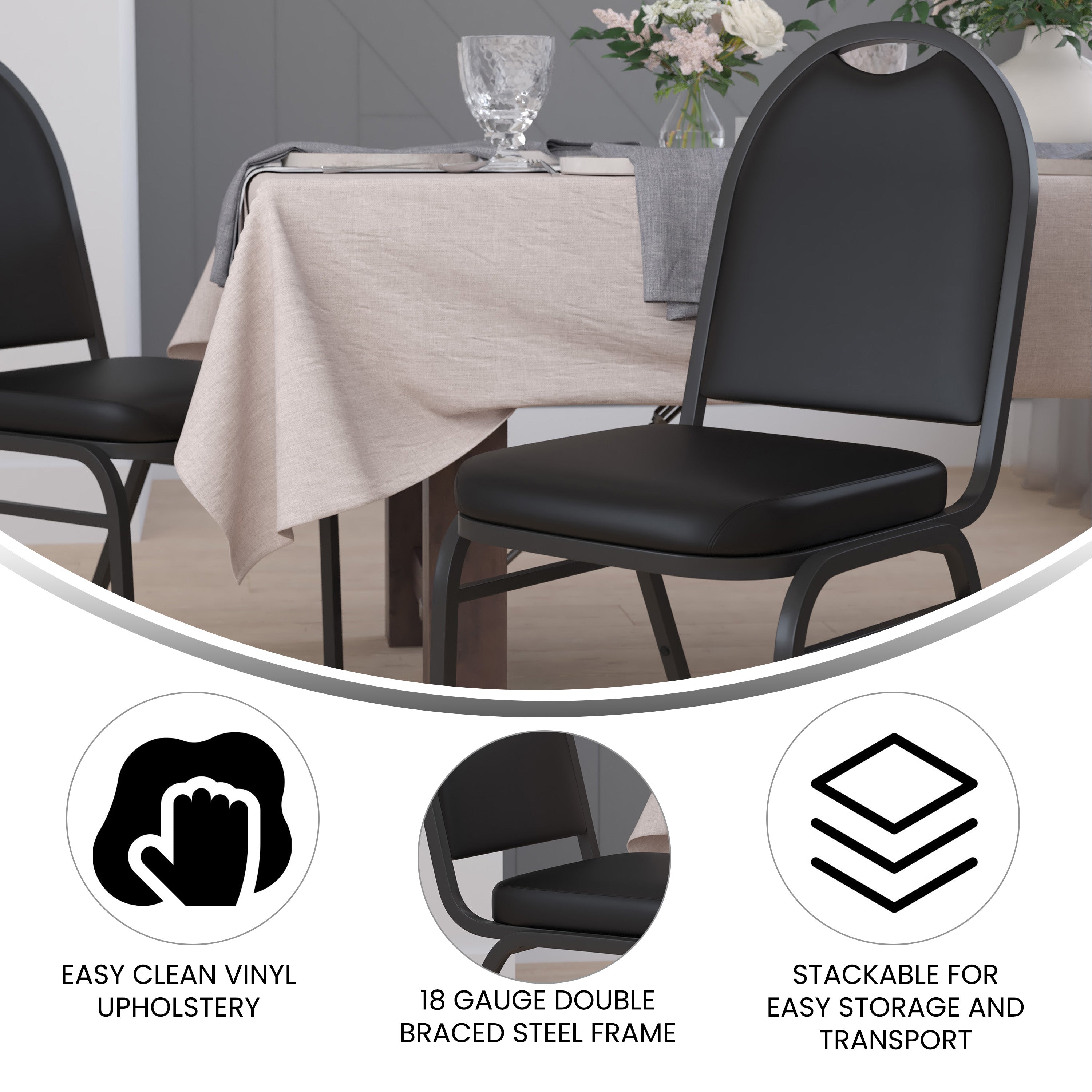 HERCULES Series Commercial Grade 500 LB. Capacity Dome Back Stacking Banquet Chair in Black Vinyl with Black Metal Frame