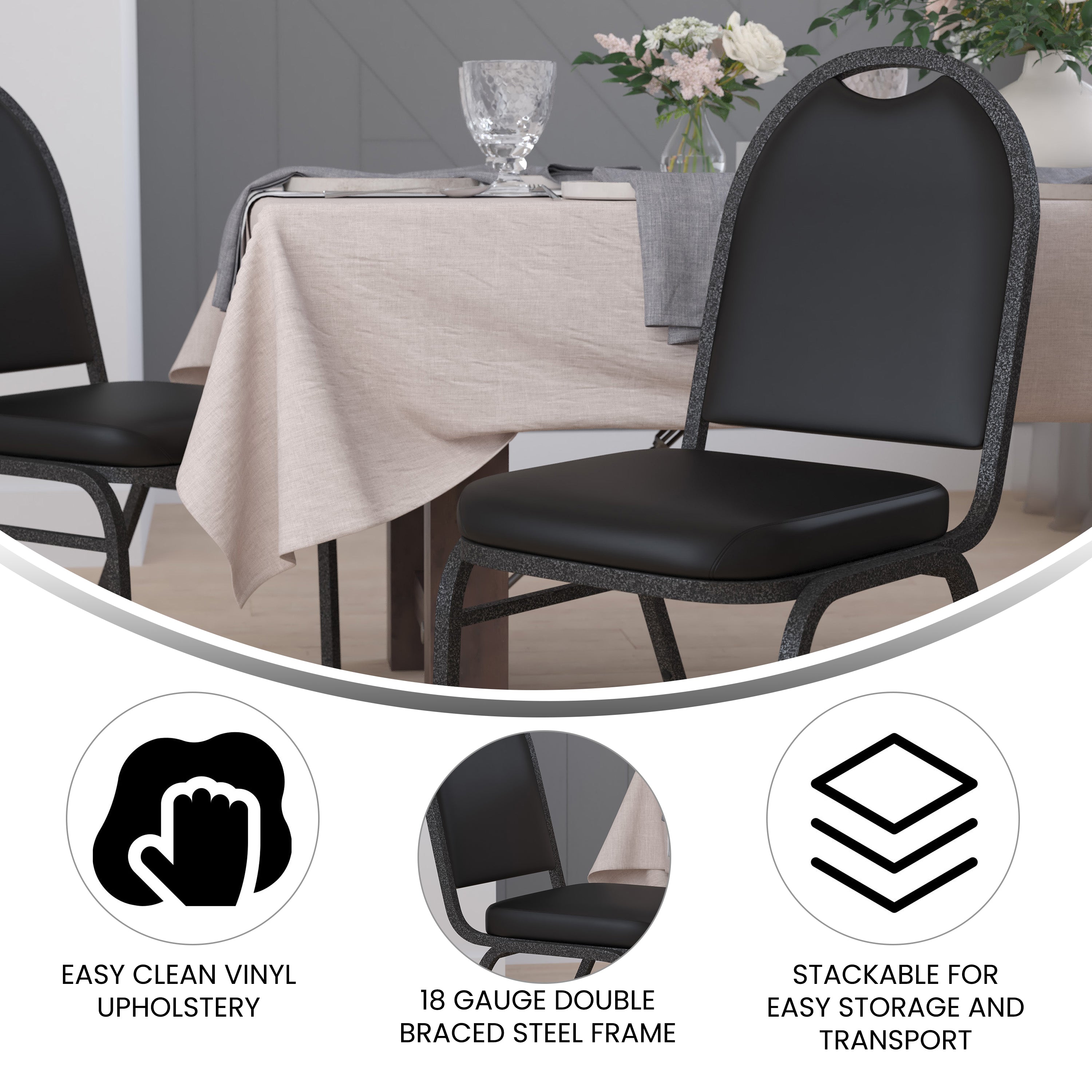 HERCULES Series Commercial Grade 500 LB. Capacity Dome Back Stacking Banquet Chair in Black Vinyl with Silver Vein Metal Frame