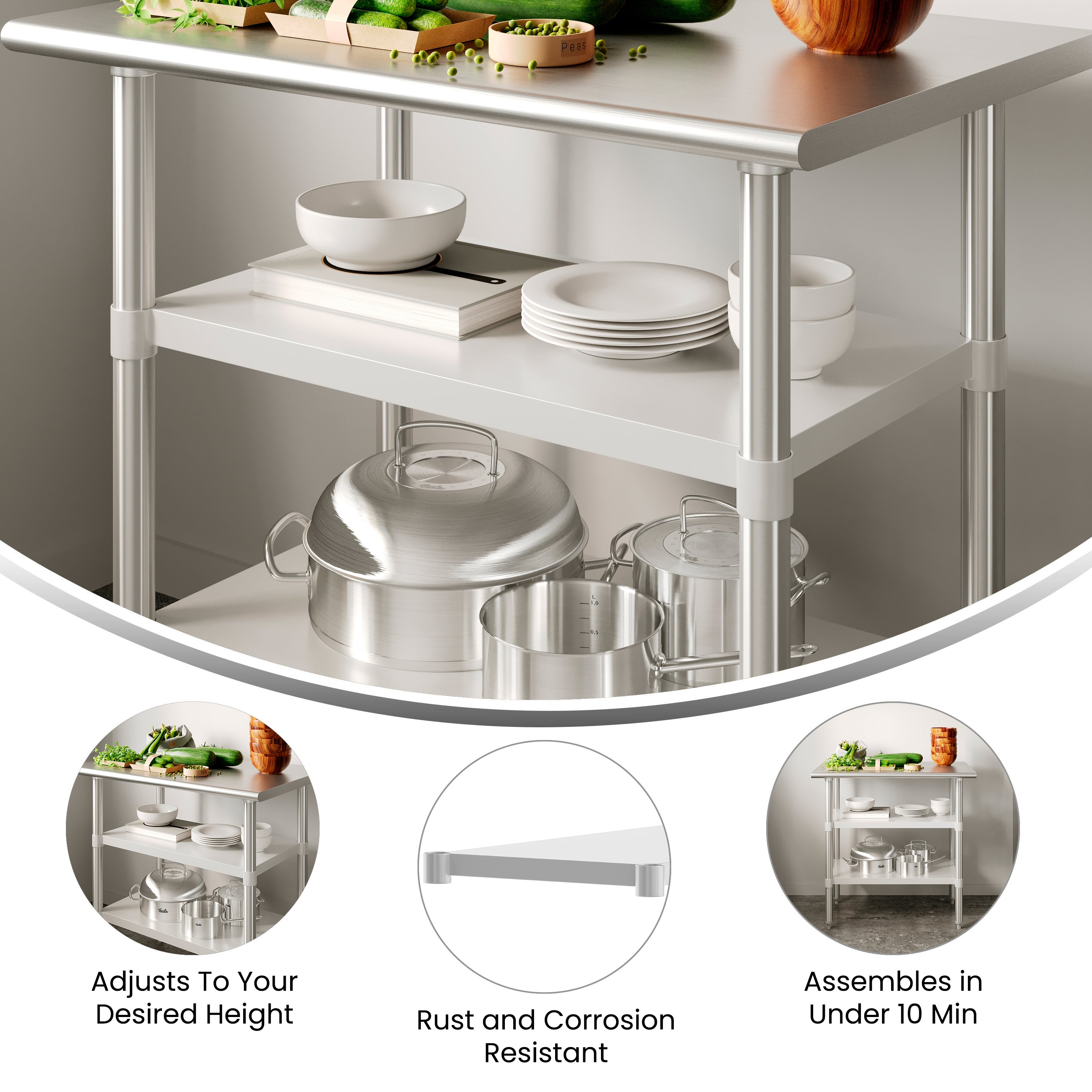 Woodford Galvanized Under Shelf for Prep and Work Tables - Adjustable Lower Shelf for 24" x 36" Stainless Steel Tables