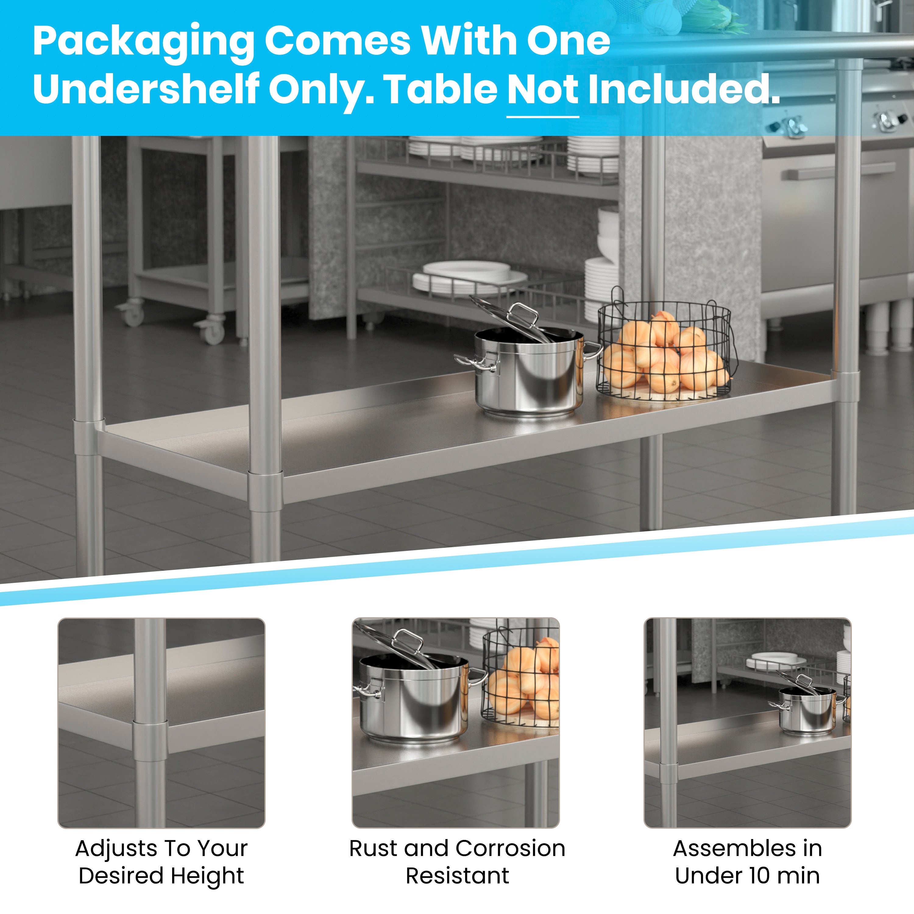 Woodford Galvanized Under Shelf for Prep and Work Tables - Adjustable Lower Shelf for 24" x 48" Stainless Steel Tables