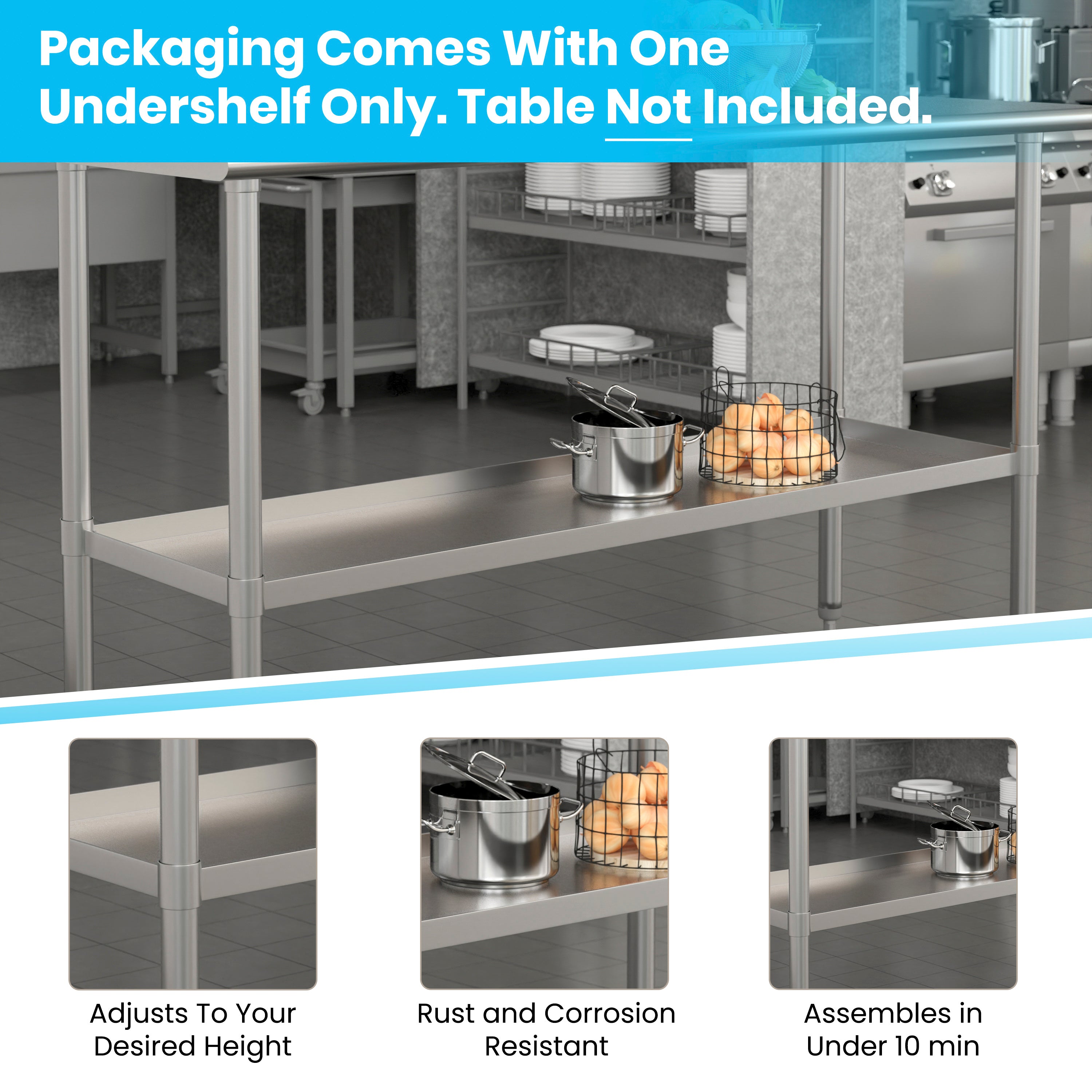 Woodford Galvanized Under Shelf for Prep and Work Tables - Adjustable Lower Shelf for 24" x 60" Stainless Steel Tables