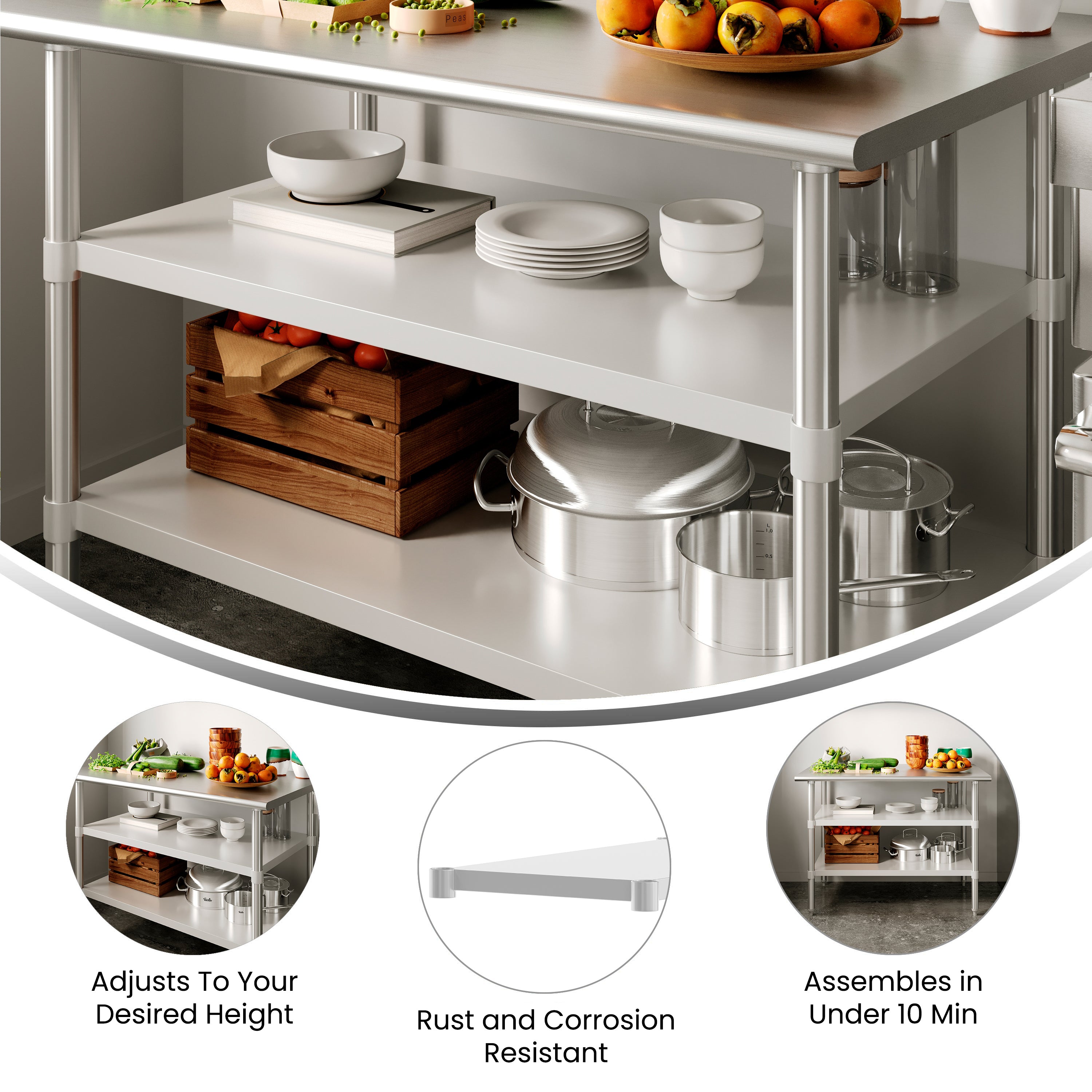 Woodford Galvanized Under Shelf for Prep and Work Tables - Adjustable Lower Shelf for 30" x 48" Stainless Steel Tables