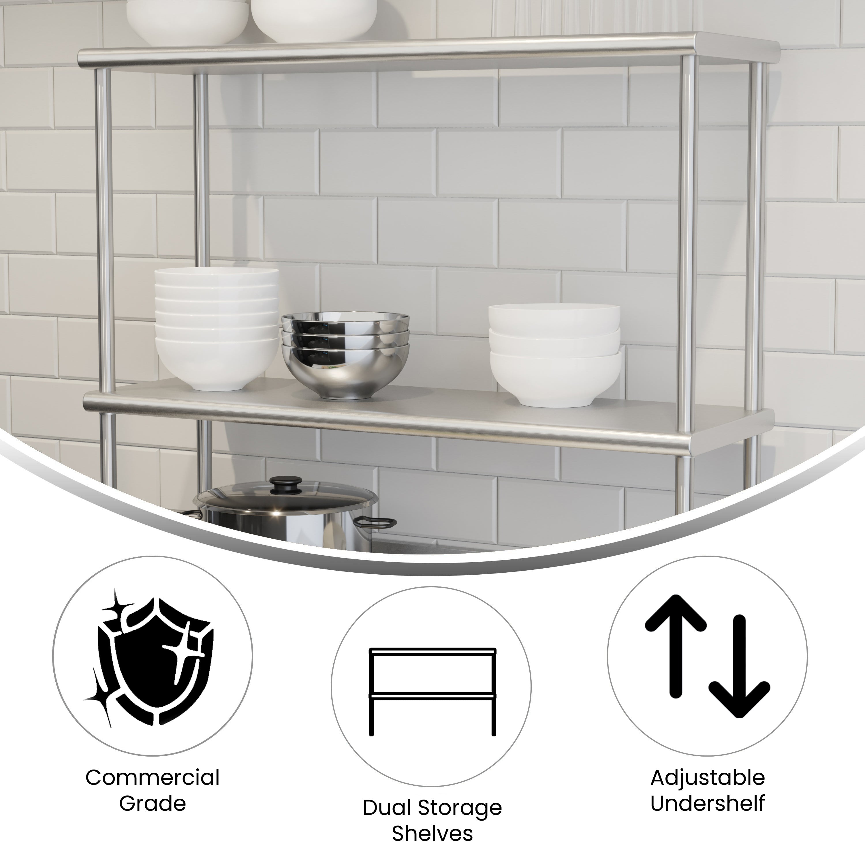 Reese Commercial Grade 430 Stainless Steel 18 Gauge NSF Certified 36" x 12" Metal Kitchen Double Overshelf