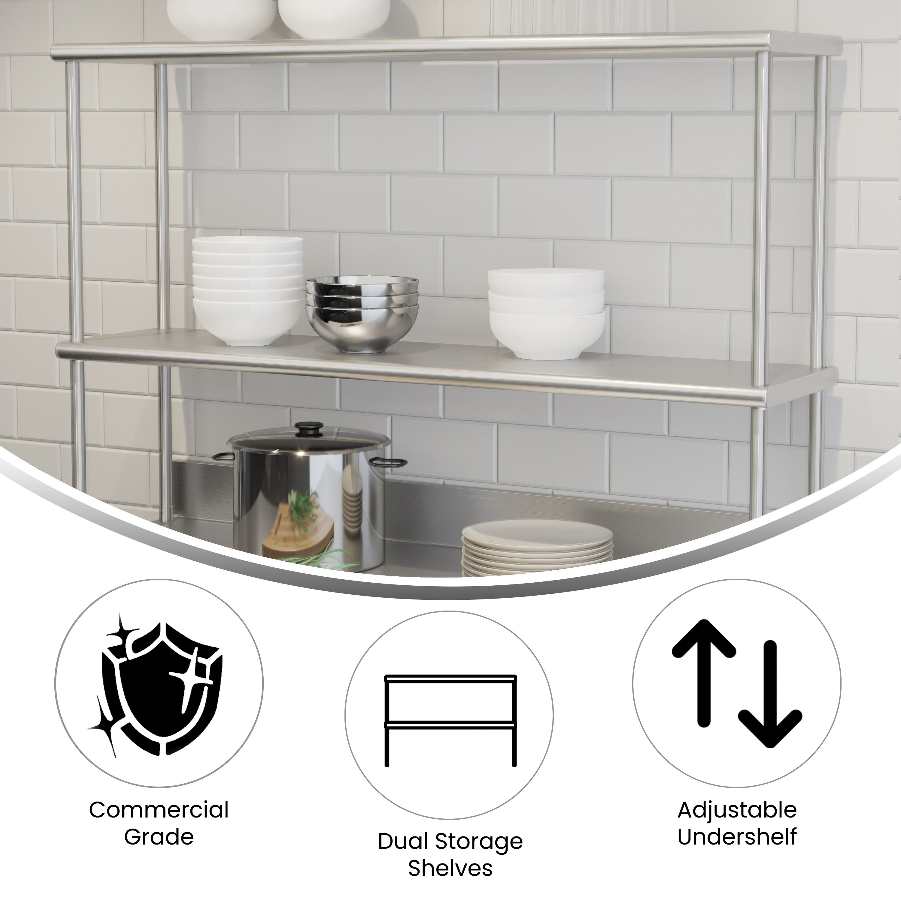Reese Commercial Grade 430 Stainless Steel 18 Gauge NSF Certified 48" x 12" Metal Kitchen Double Overshelf