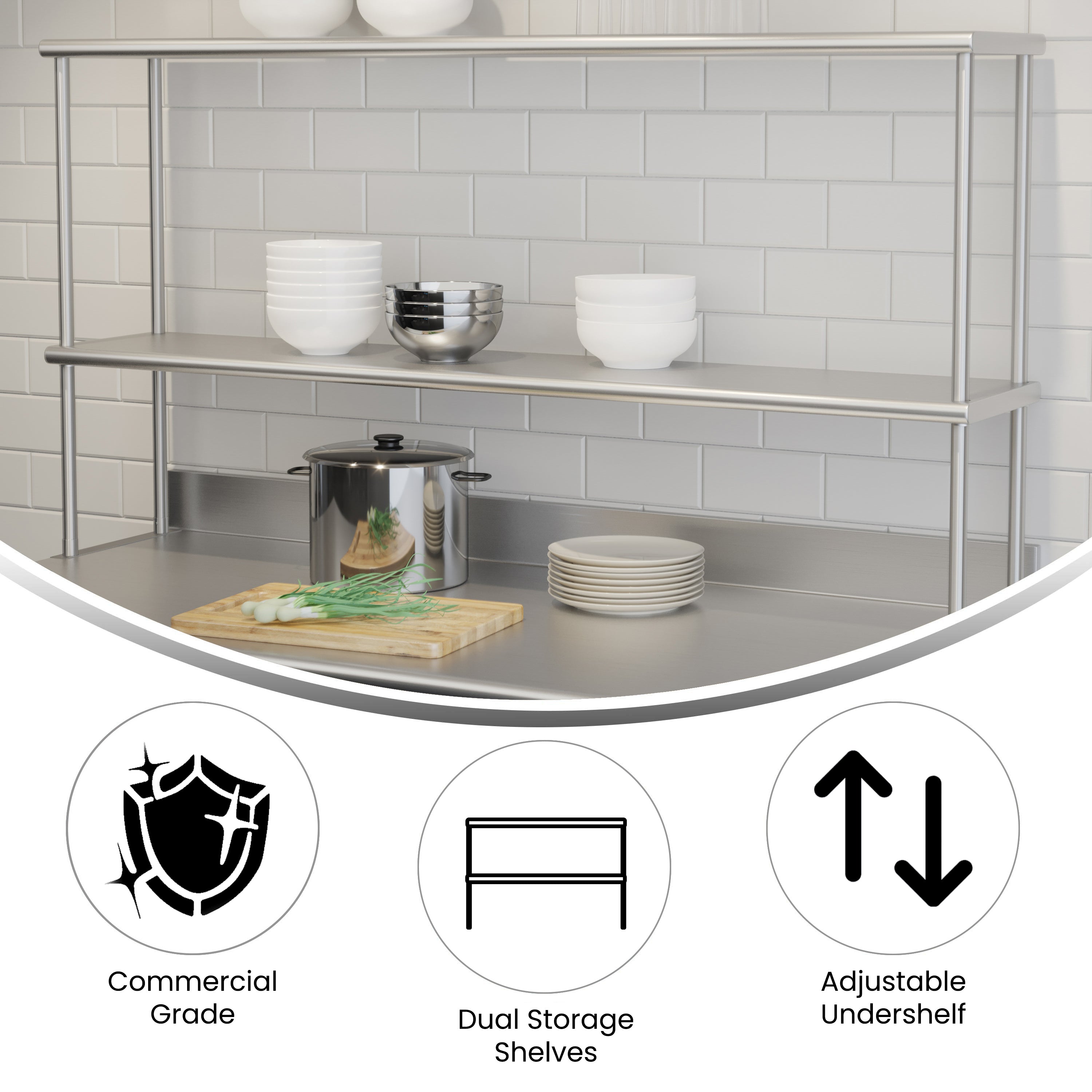 Reese Commercial Grade 430 Stainless Steel 18 Gauge NSF Certified 60" x 12" Metal Kitchen Double Overshelf