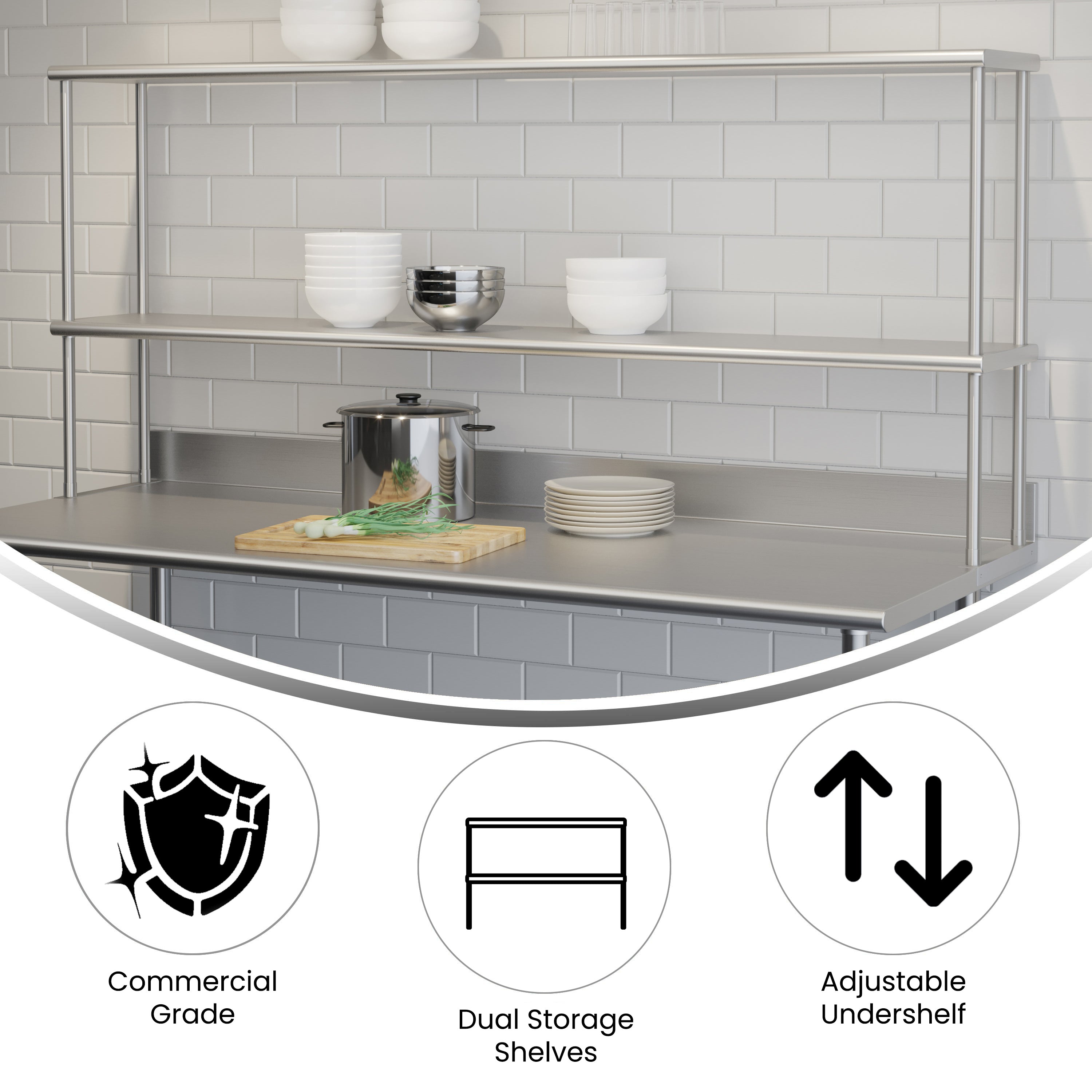 Reese Commercial Grade 430 Stainless Steel 18 Gauge NSF Certified 72" x 12" Metal Kitchen Double Overshelf