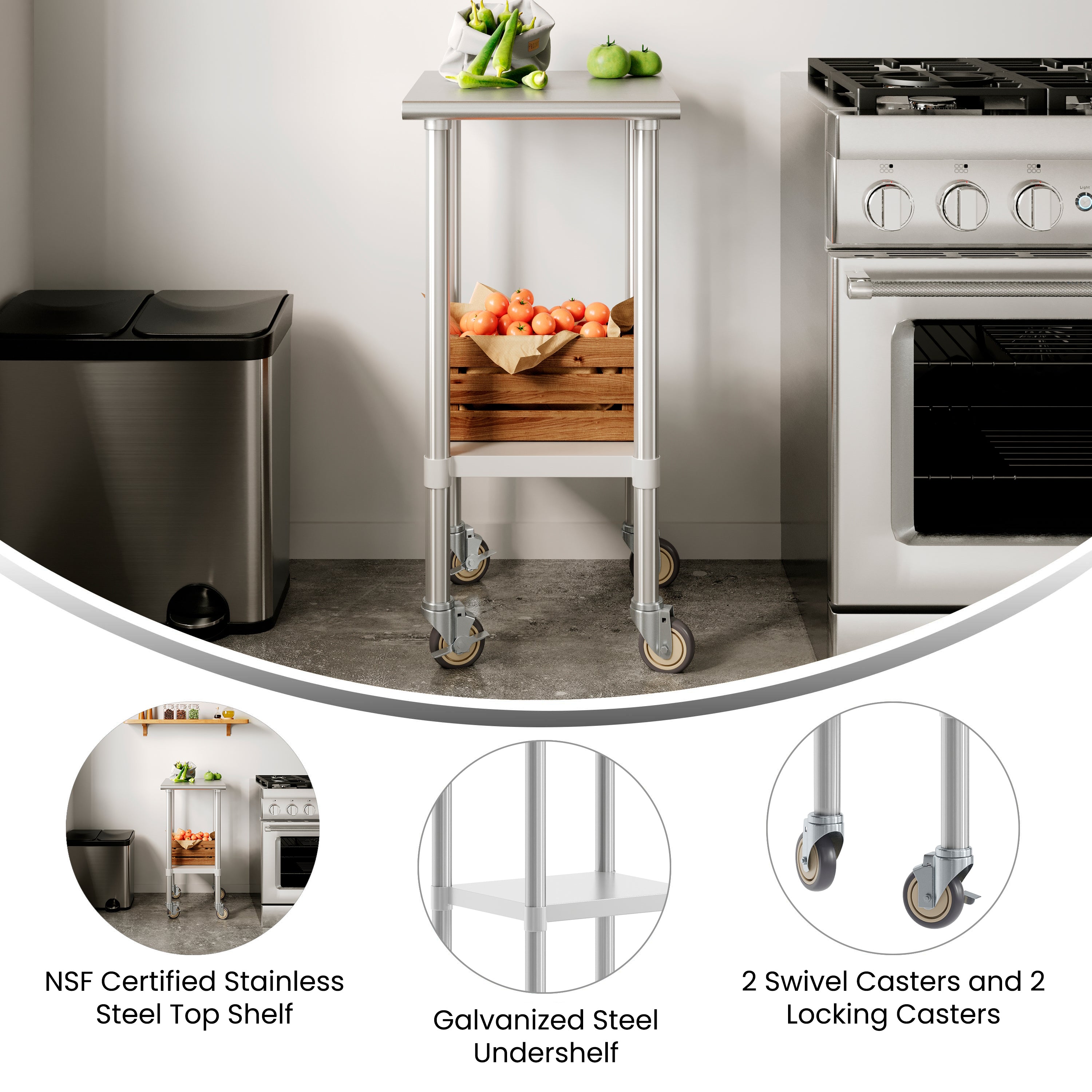 Reese 24x18 Portable Prep and Work Table with NSF Certified 18 Gauge Stainless Steel Top Shelf, Galvanized Steel Undershelf, 4 Casters with 2 Locking