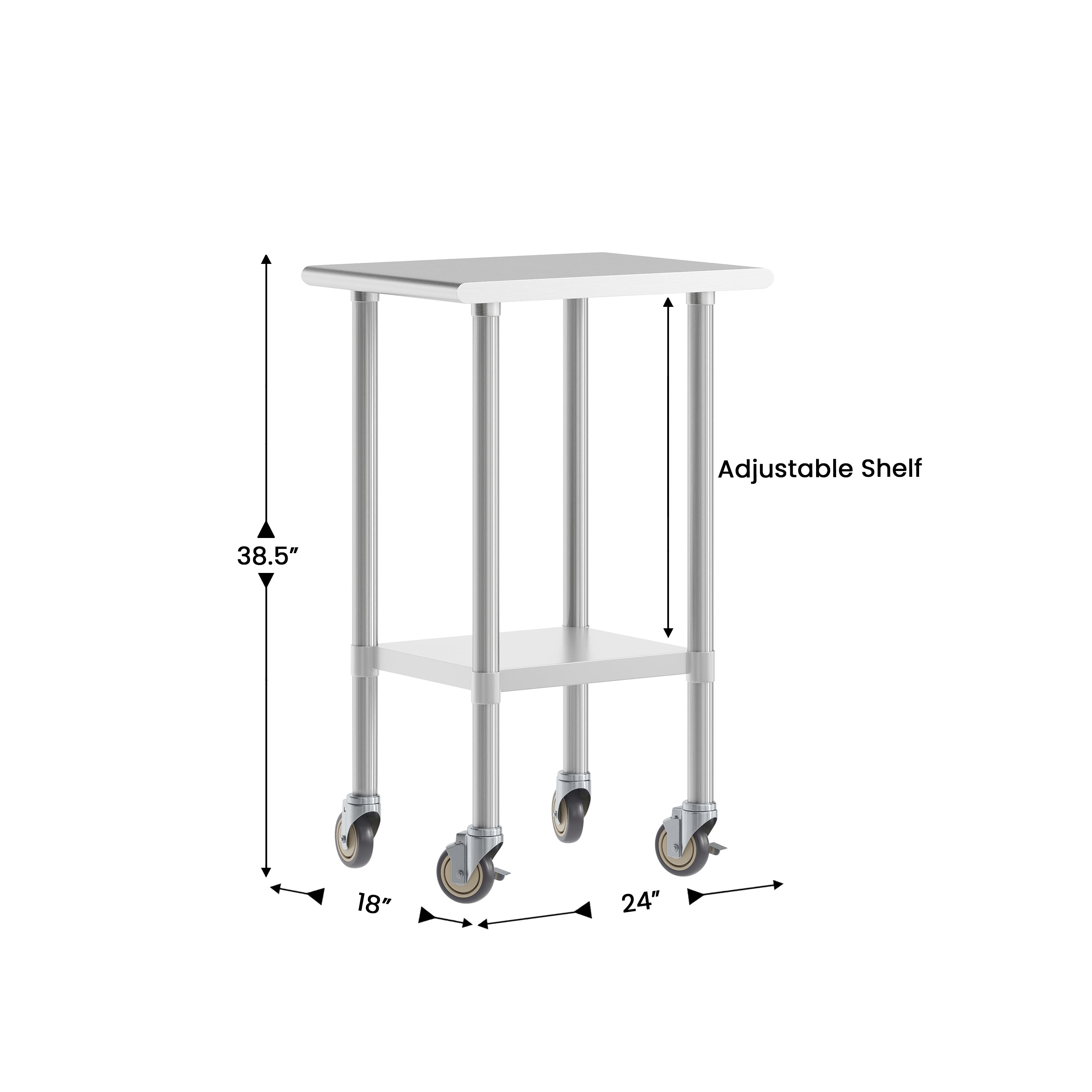Reese 24x18 Portable Prep and Work Table with NSF Certified 18 Gauge Stainless Steel Top Shelf, Galvanized Steel Undershelf, 4 Casters with 2 Locking