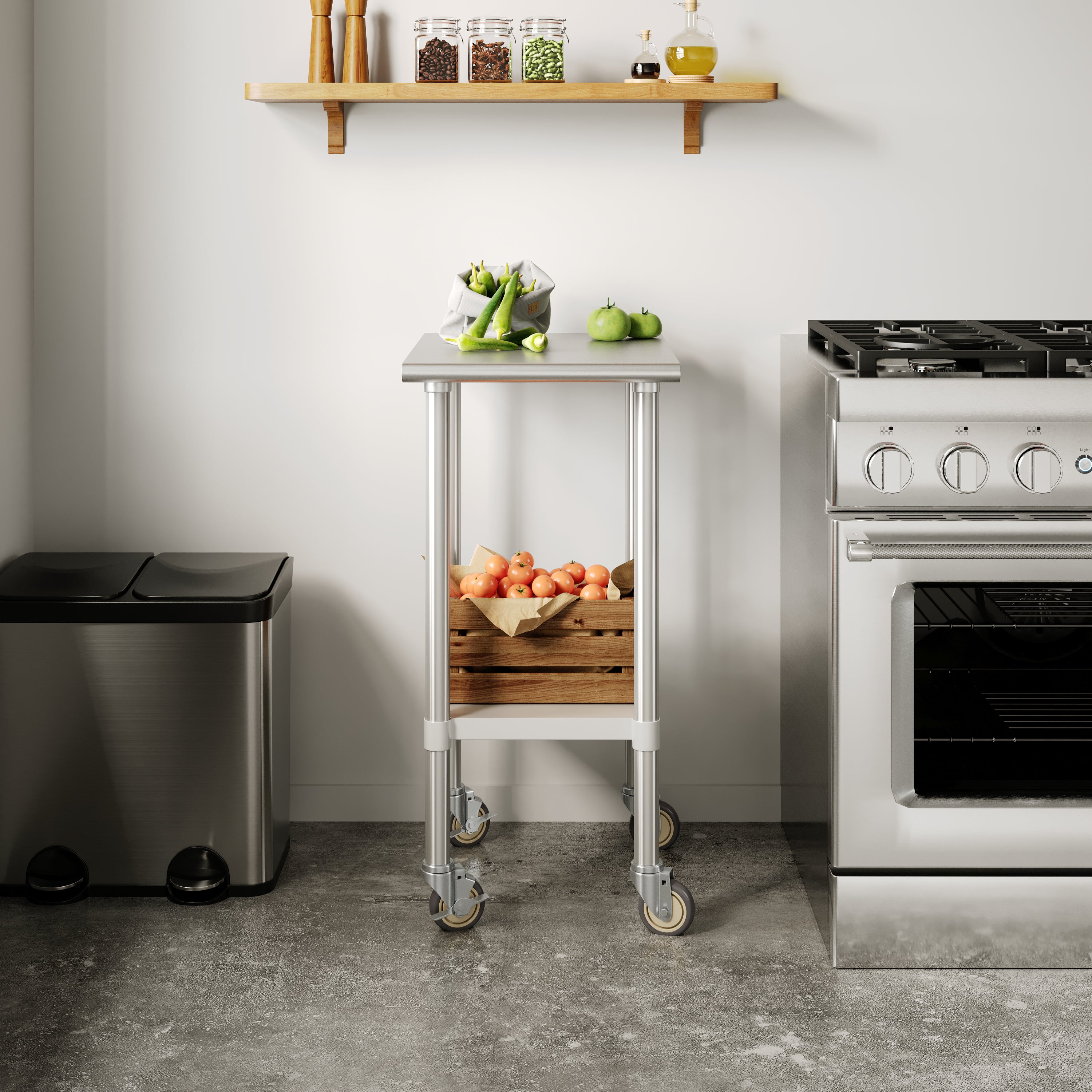 Reese 24x18 Portable Prep and Work Table with NSF Certified 18 Gauge Stainless Steel Top Shelf, Galvanized Steel Undershelf, 4 Casters with 2 Locking