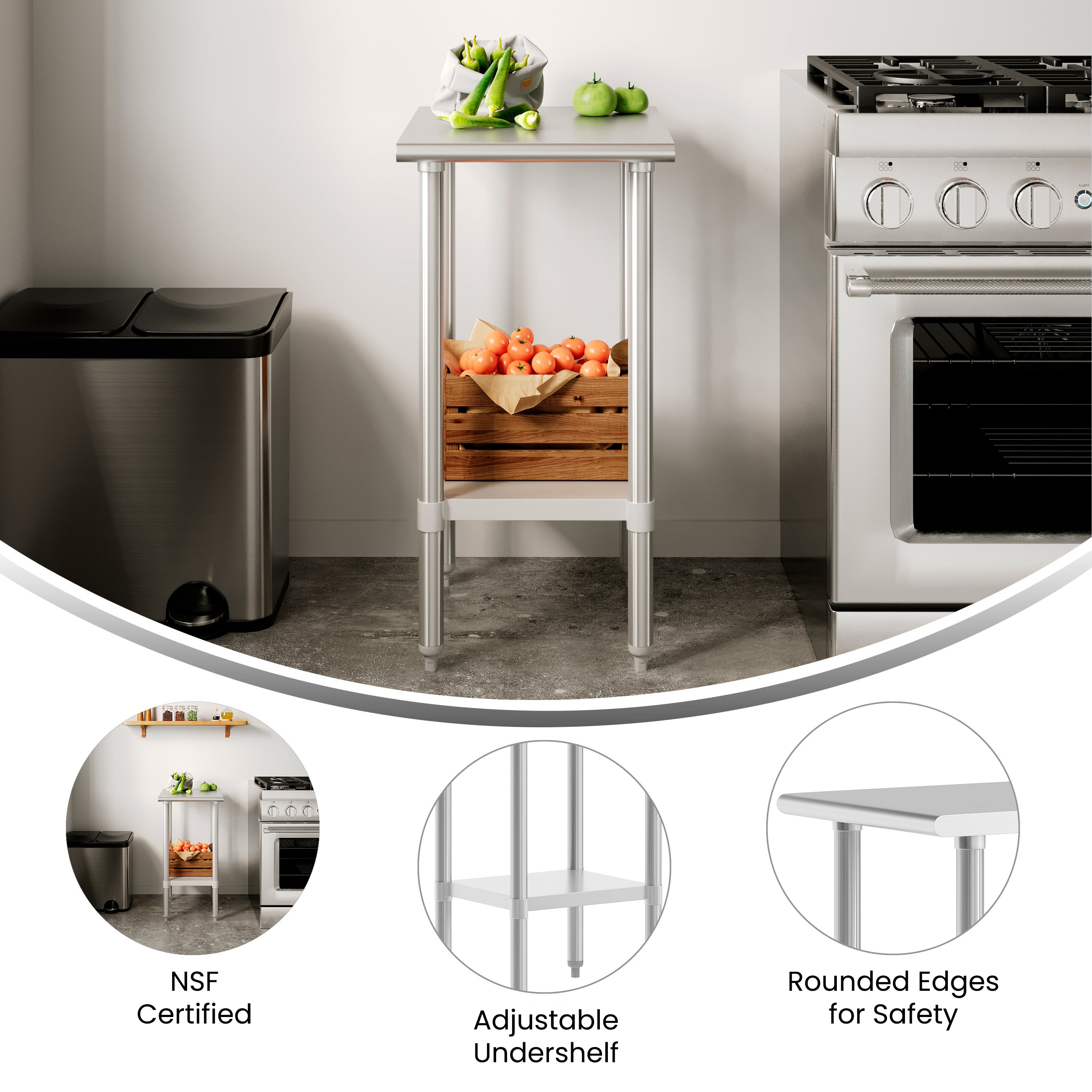 Reese 24x18 Portable Prep and Work Table with NSF Certified 18 Gauge Stainless Steel Top Shelf and Adjustable Galvanized Steel Undershelf