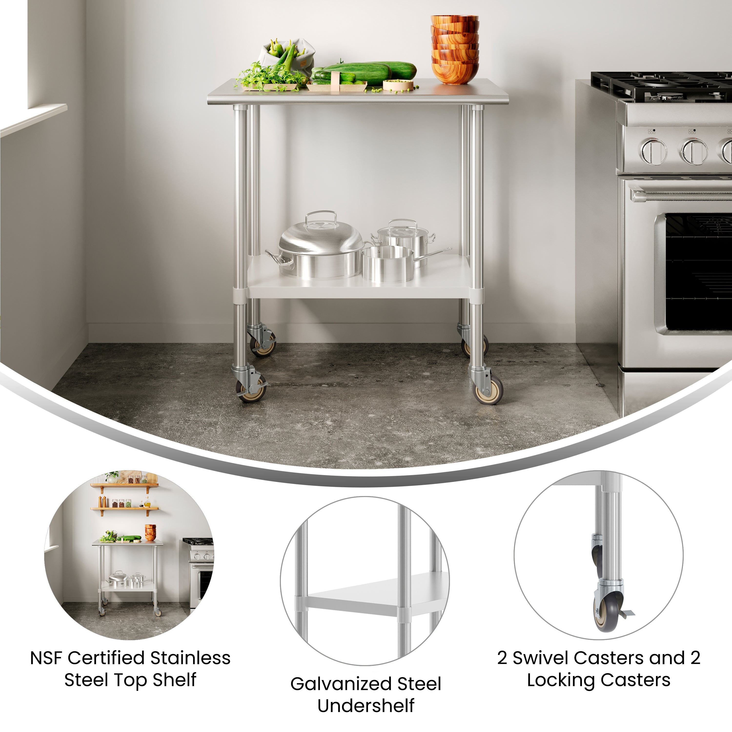 Reese 24x36 Portable Prep and Work Table with NSF Certified 18 Gauge Stainless Steel Top Shelf, Galvanized Steel Undershelf, 4 Casters with 2 Locking