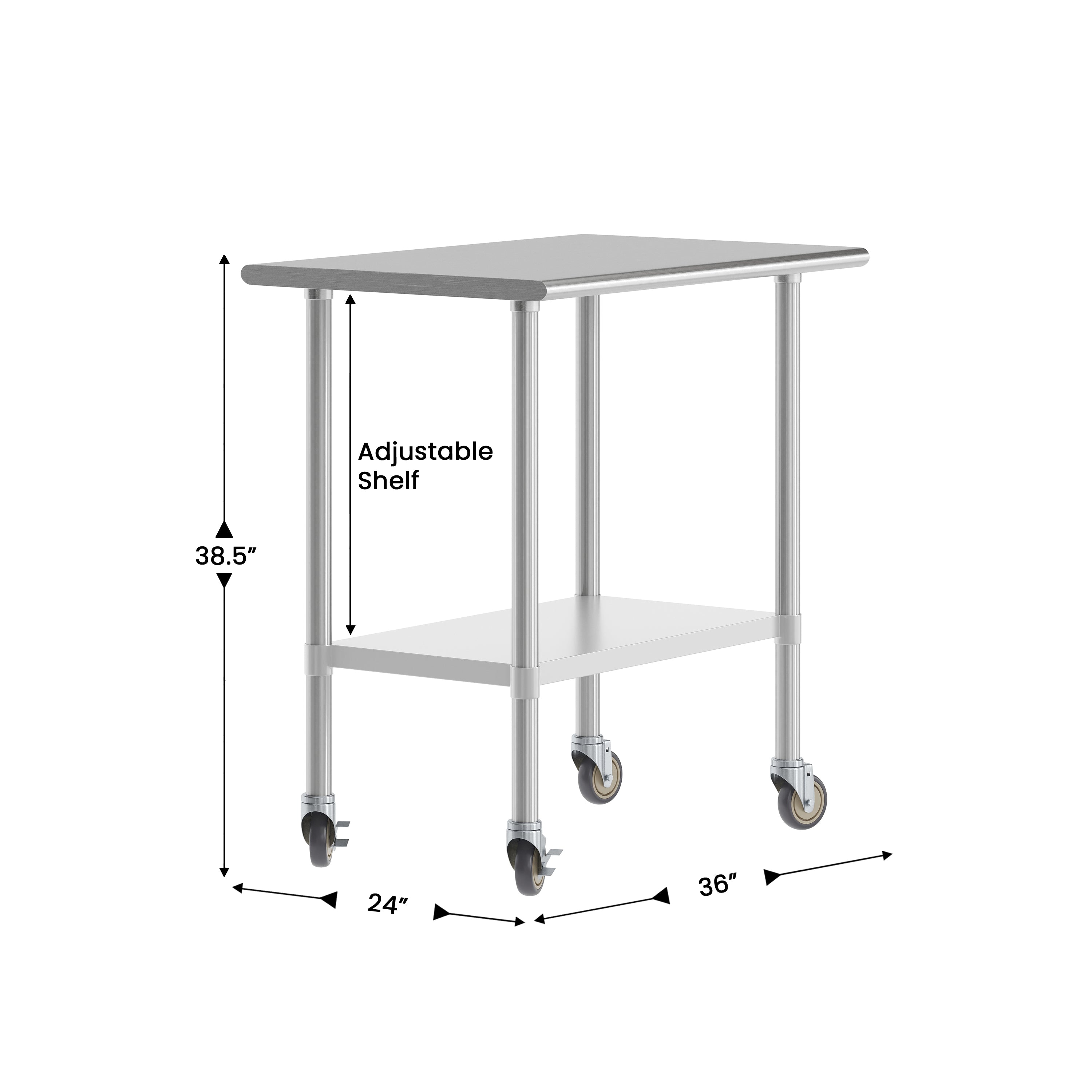 Reese 24x36 Portable Prep and Work Table with NSF Certified 18 Gauge Stainless Steel Top Shelf, Galvanized Steel Undershelf, 4 Casters with 2 Locking