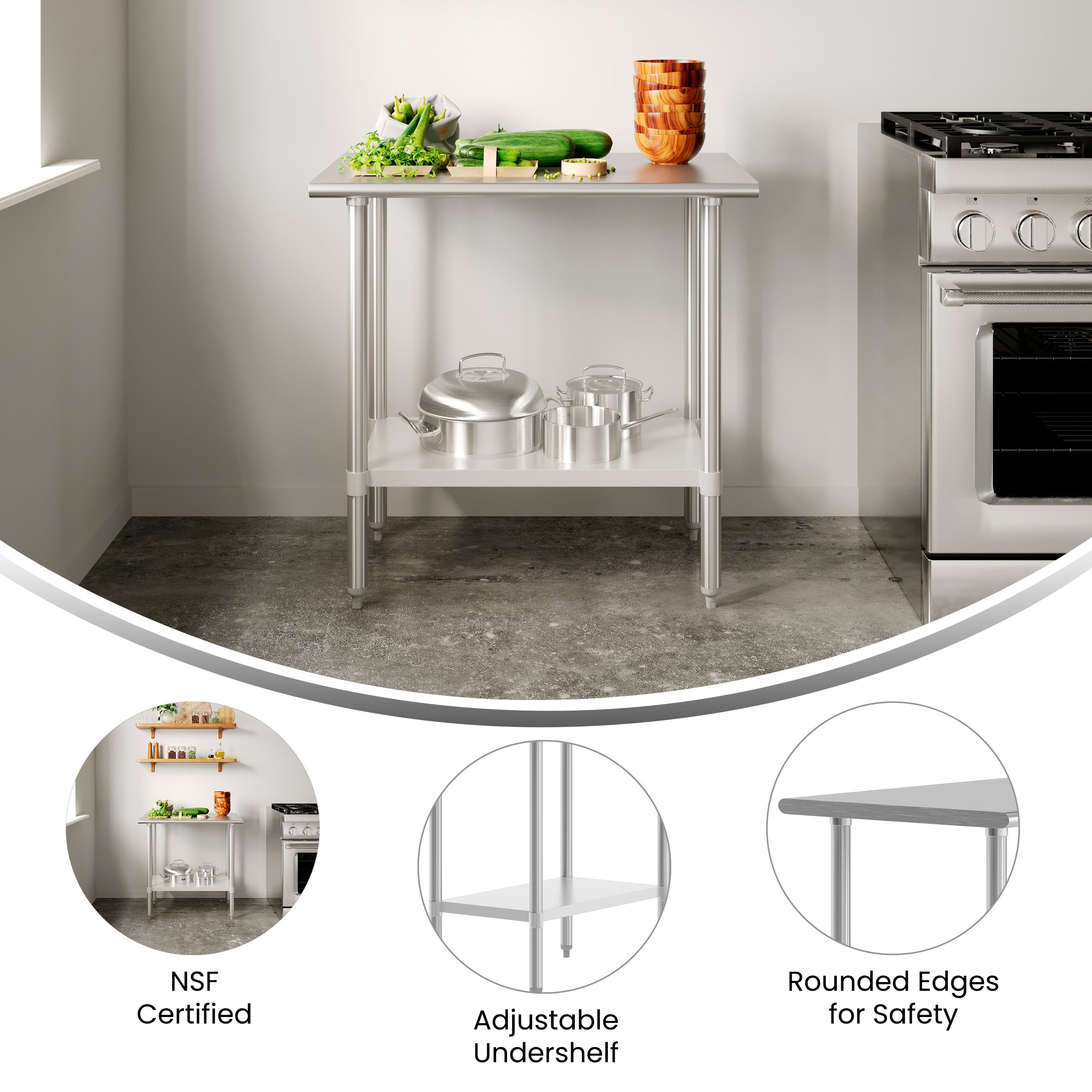 Reese 24x36 Portable Prep and Work Table with NSF Certified 18 Gauge Stainless Steel Top Shelf and Adjustable Galvanized Steel Undershelf