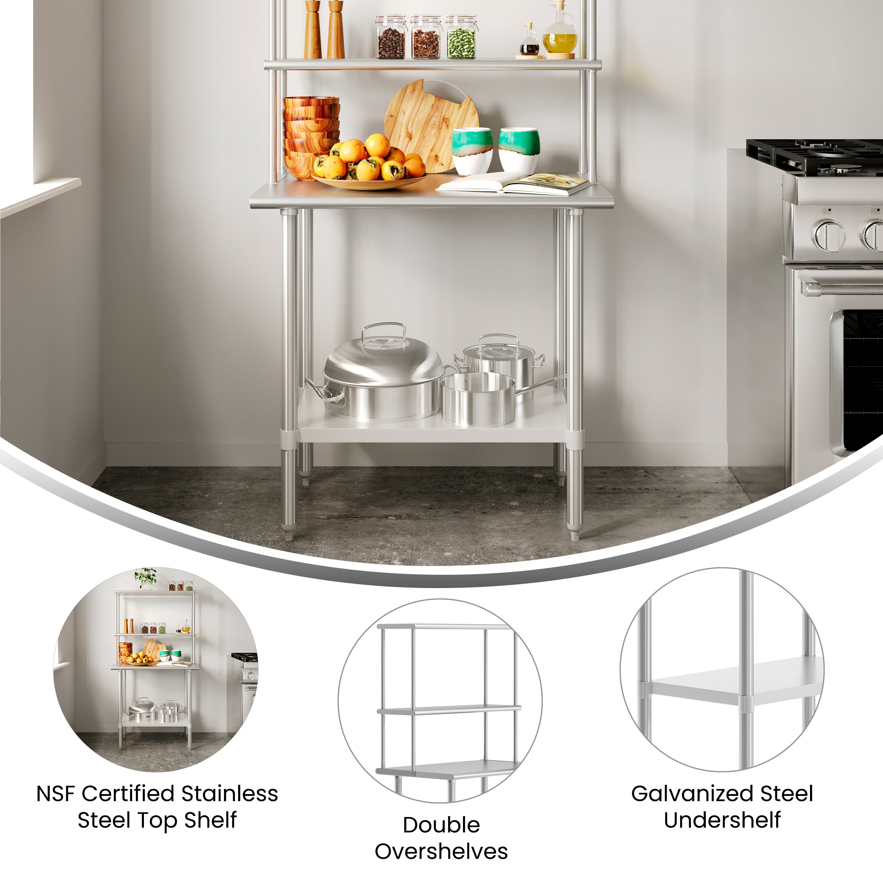 Reese 24x36 Portable Prep and Work Table with NSF Certified 18 Gauge Stainless Steel Top Shelf and Double Overshelves and Galvanized Steel Undershelf