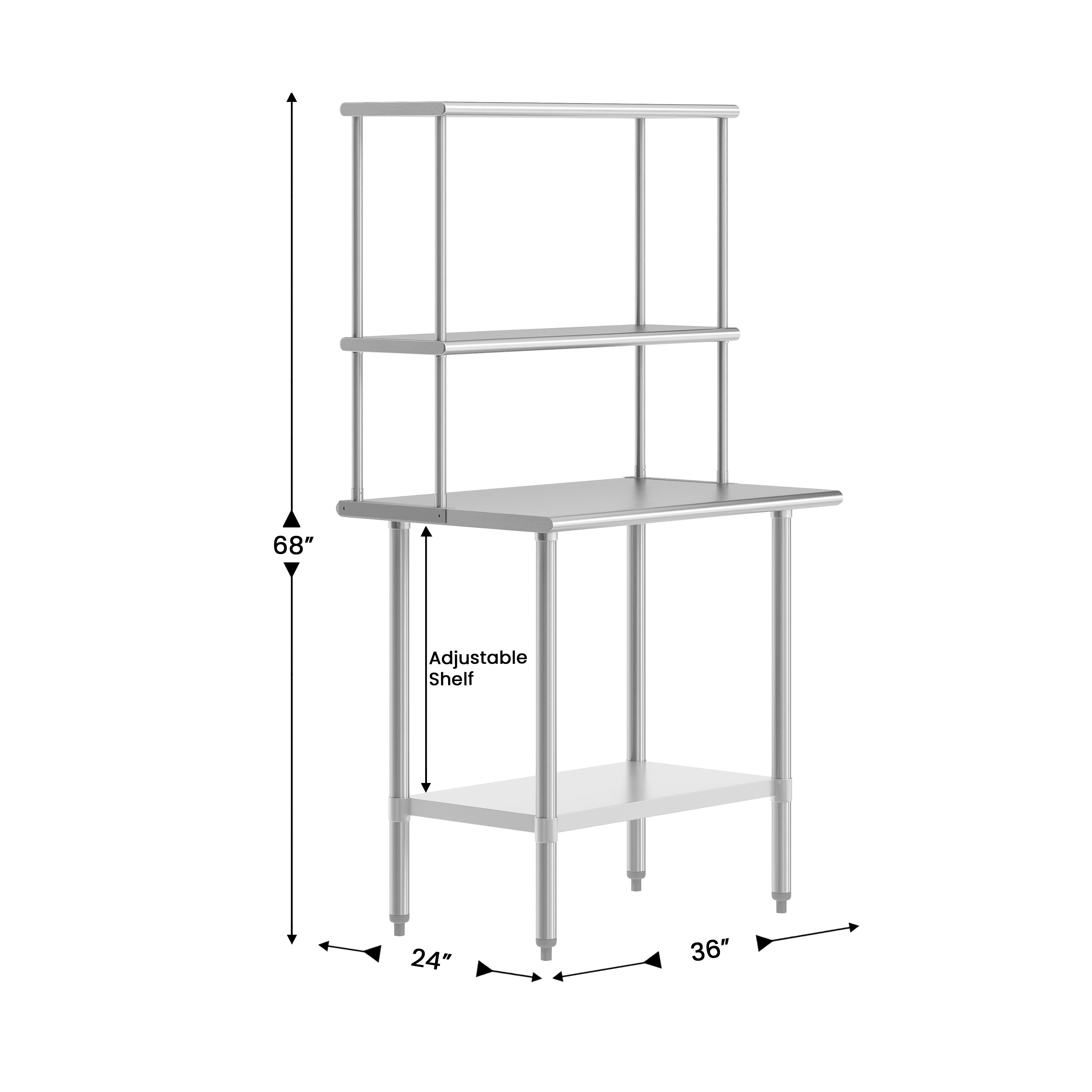 Reese 24x36 Portable Prep and Work Table with NSF Certified 18 Gauge Stainless Steel Top Shelf and Double Overshelves and Galvanized Steel Undershelf