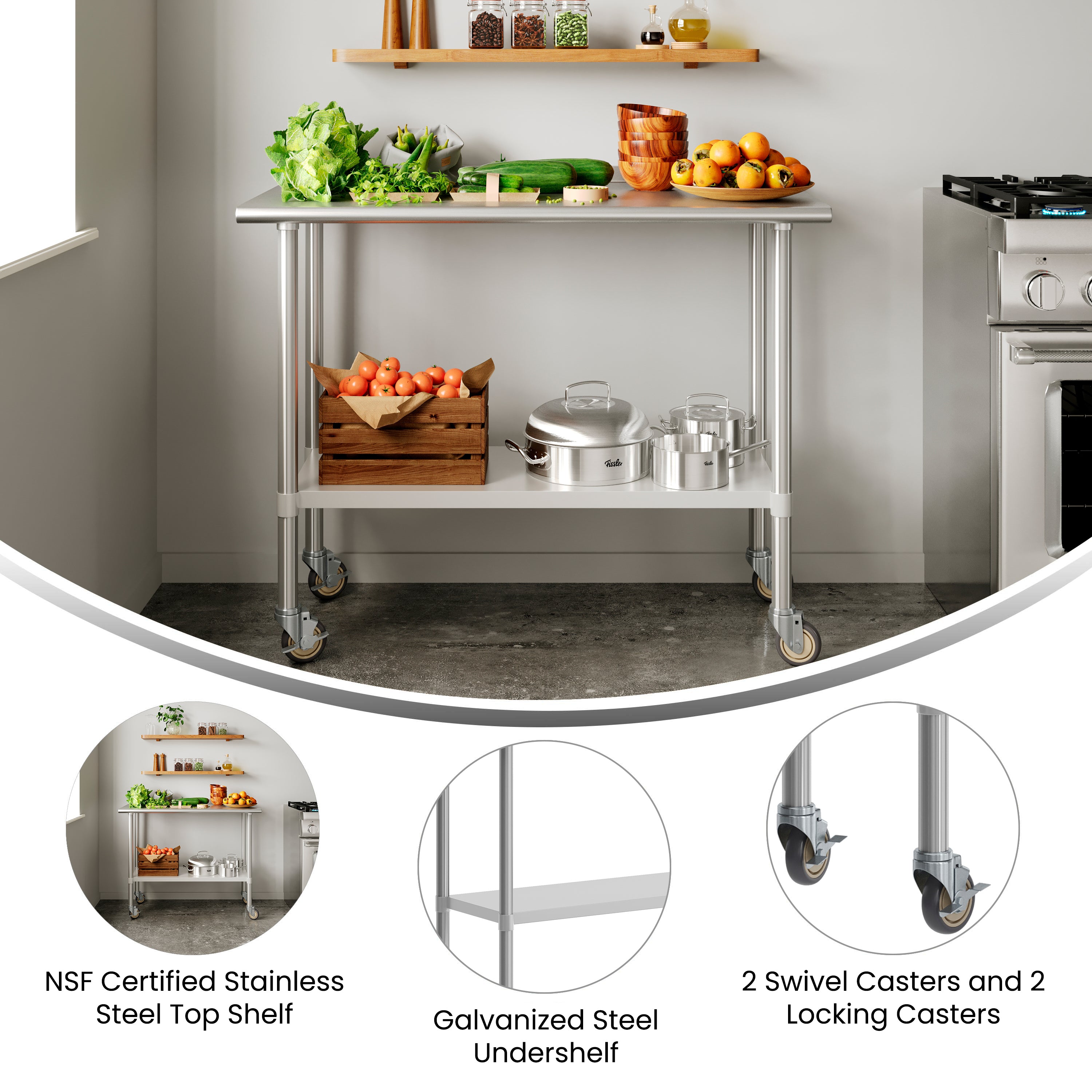 Rawcliffe Portable Prep and Work Table with NSF Certified 18 Gauge Stainless Steel Top Shelf, Galvanized Steel Undershelf and 4 Casters with 2 Locking