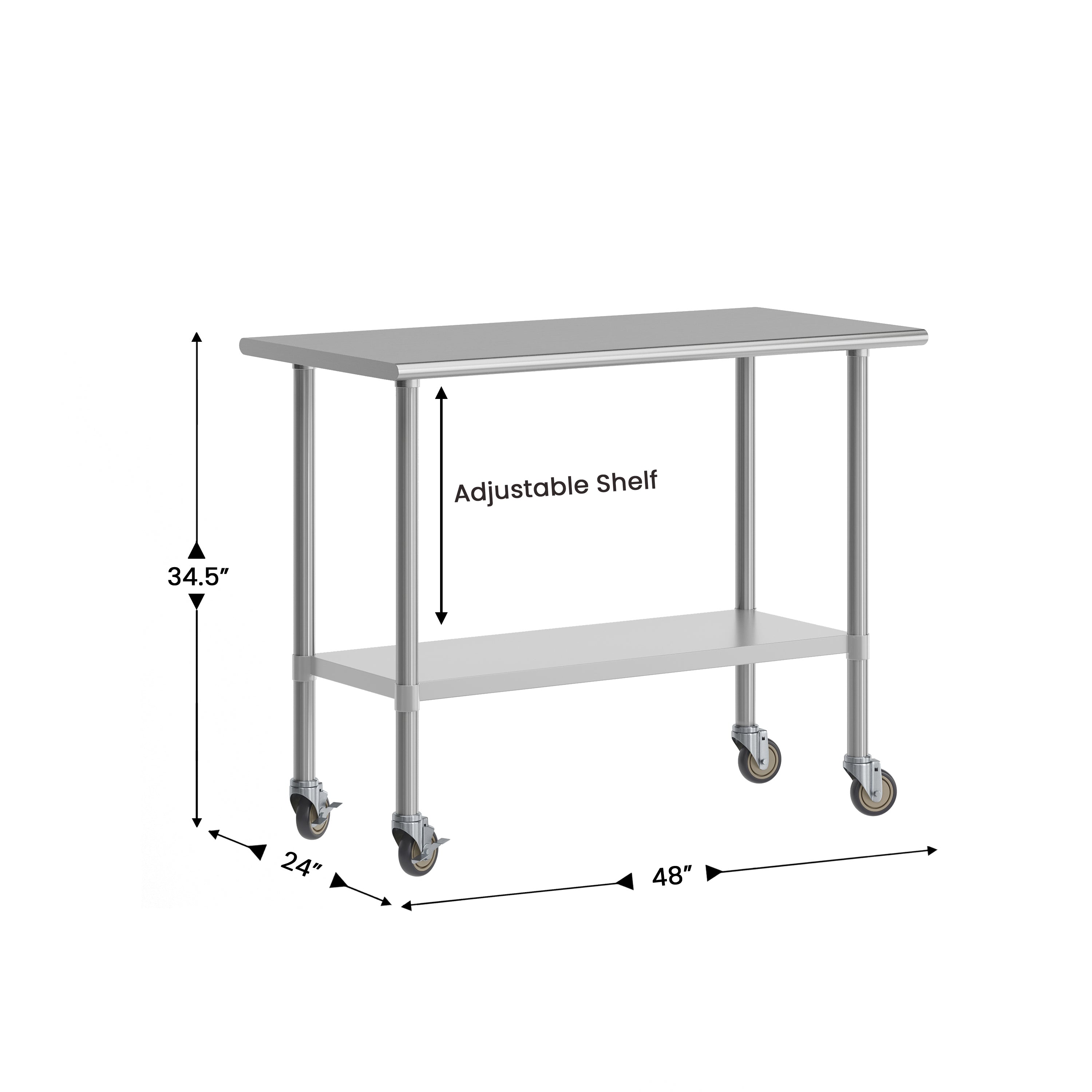 Rawcliffe Portable Prep and Work Table with NSF Certified 18 Gauge Stainless Steel Top Shelf, Galvanized Steel Undershelf and 4 Casters with 2 Locking