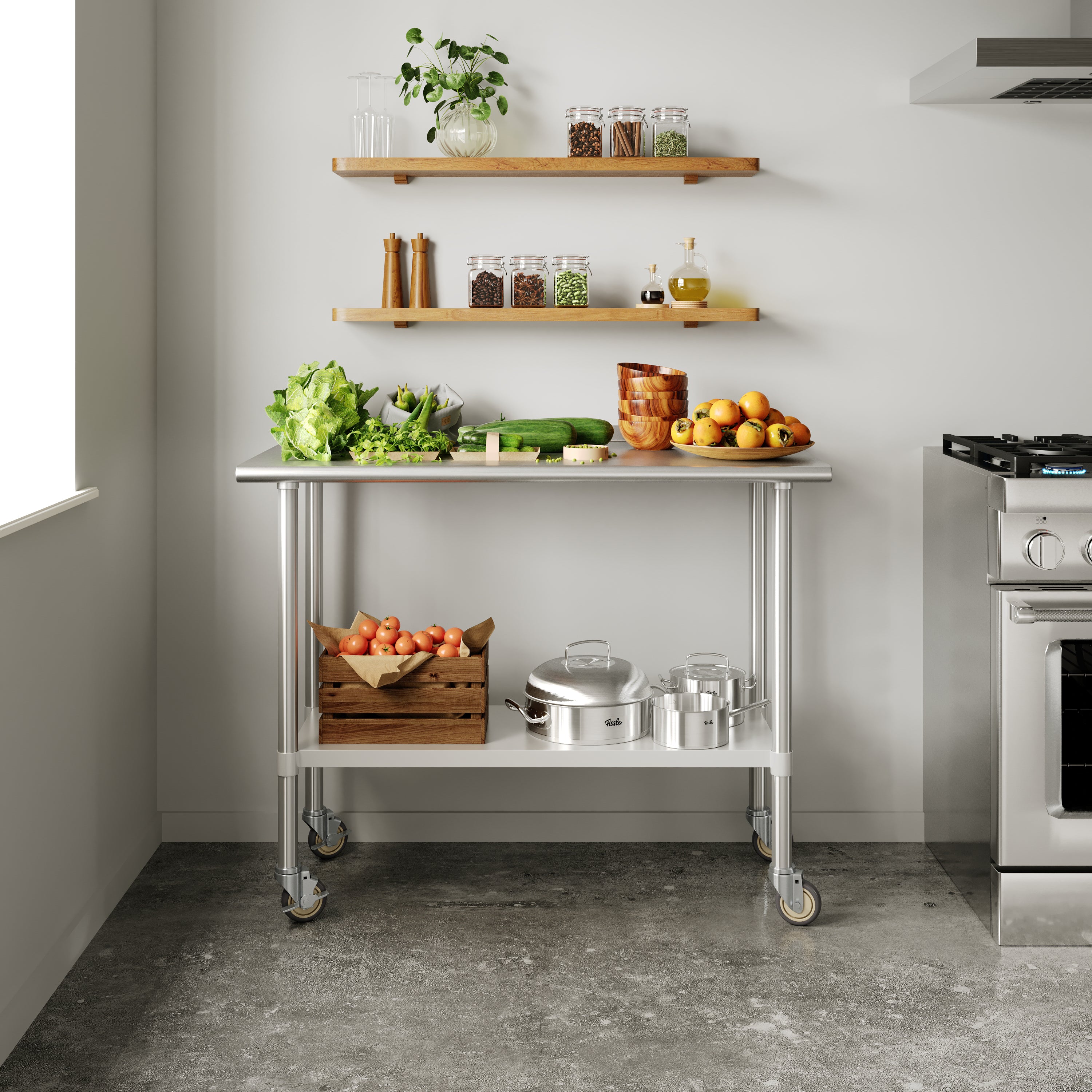 Rawcliffe Portable Prep and Work Table with NSF Certified 18 Gauge Stainless Steel Top Shelf, Galvanized Steel Undershelf and 4 Casters with 2 Locking