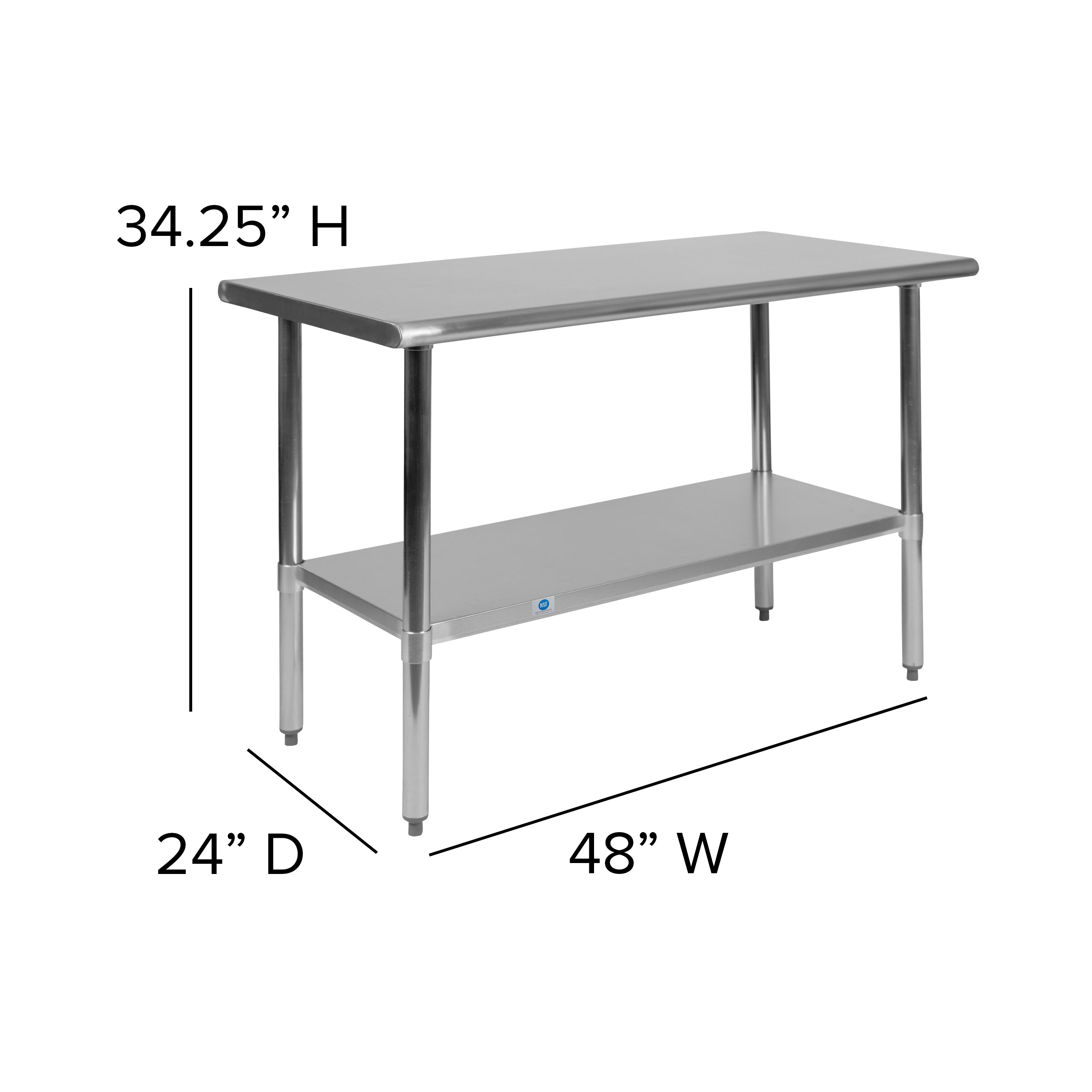 Rawcliffe Stainless Steel 18  Gauge Prep and Work Table with Undershelf - NSF Certified - 48"W x 24"D x 34.5"H