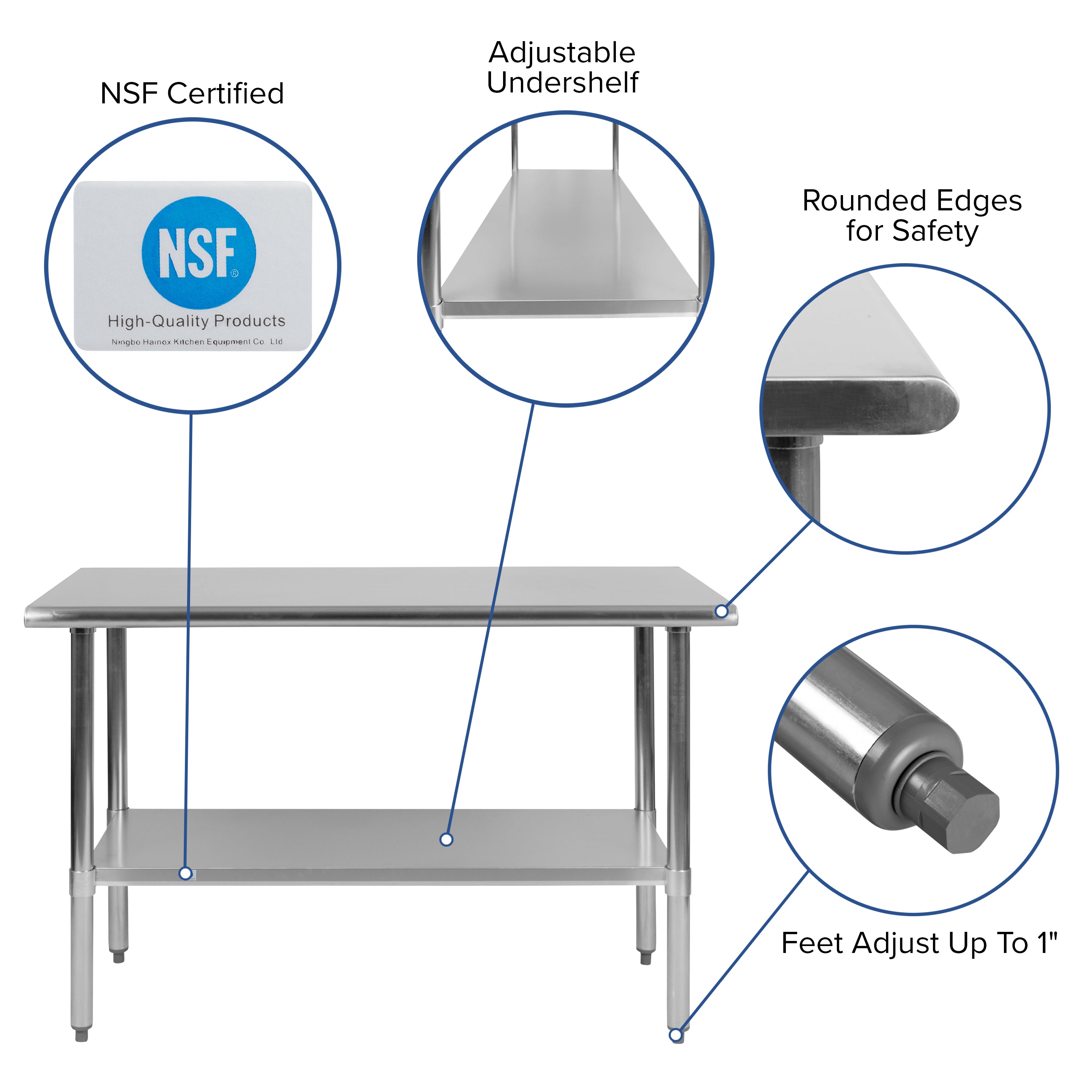 Rawcliffe Stainless Steel 18  Gauge Prep and Work Table with Undershelf - NSF Certified - 48"W x 24"D x 34.5"H
